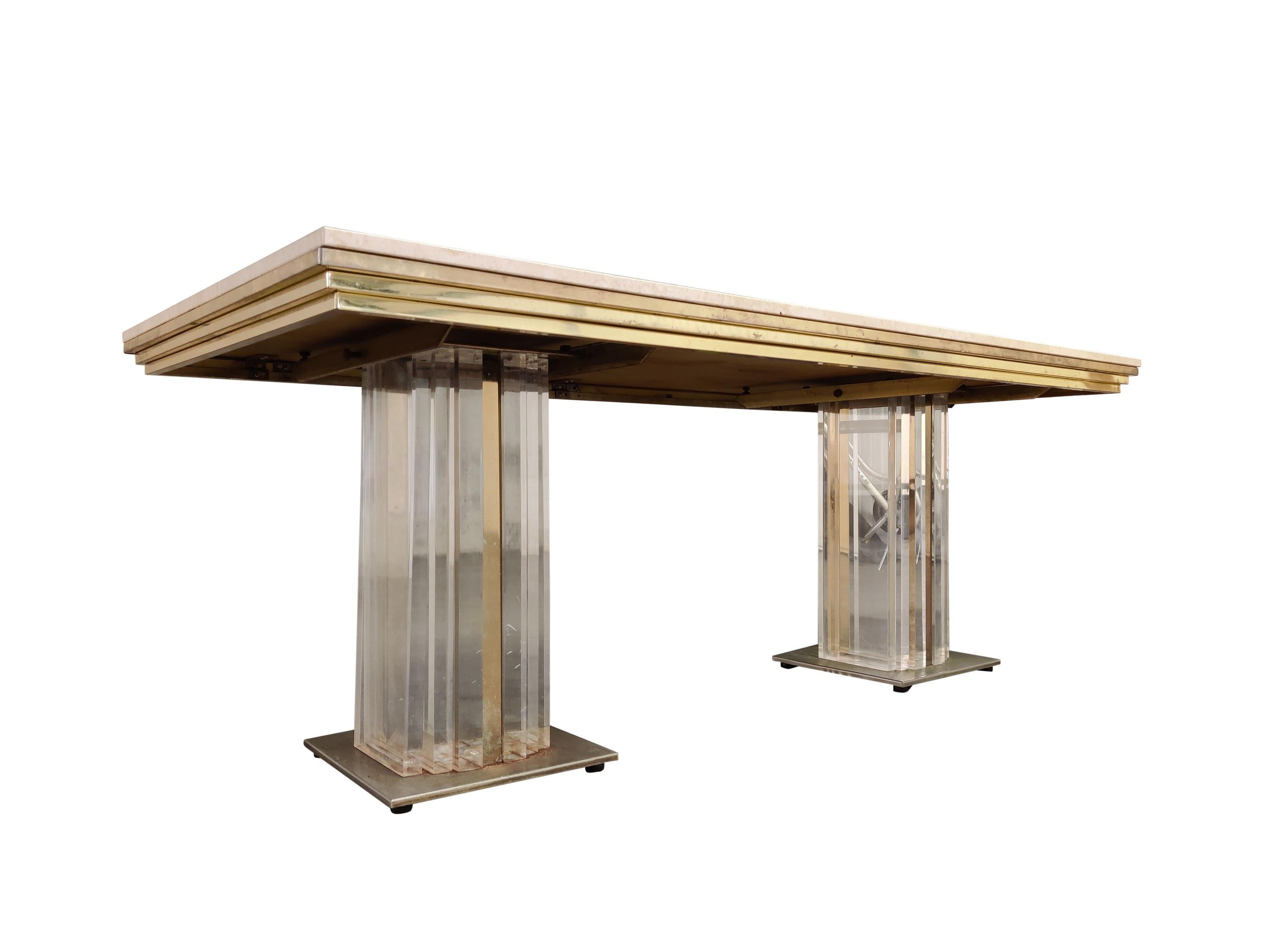 Vintage Lucite, Brass and Travertine Dining Table, 1970s For Sale 4