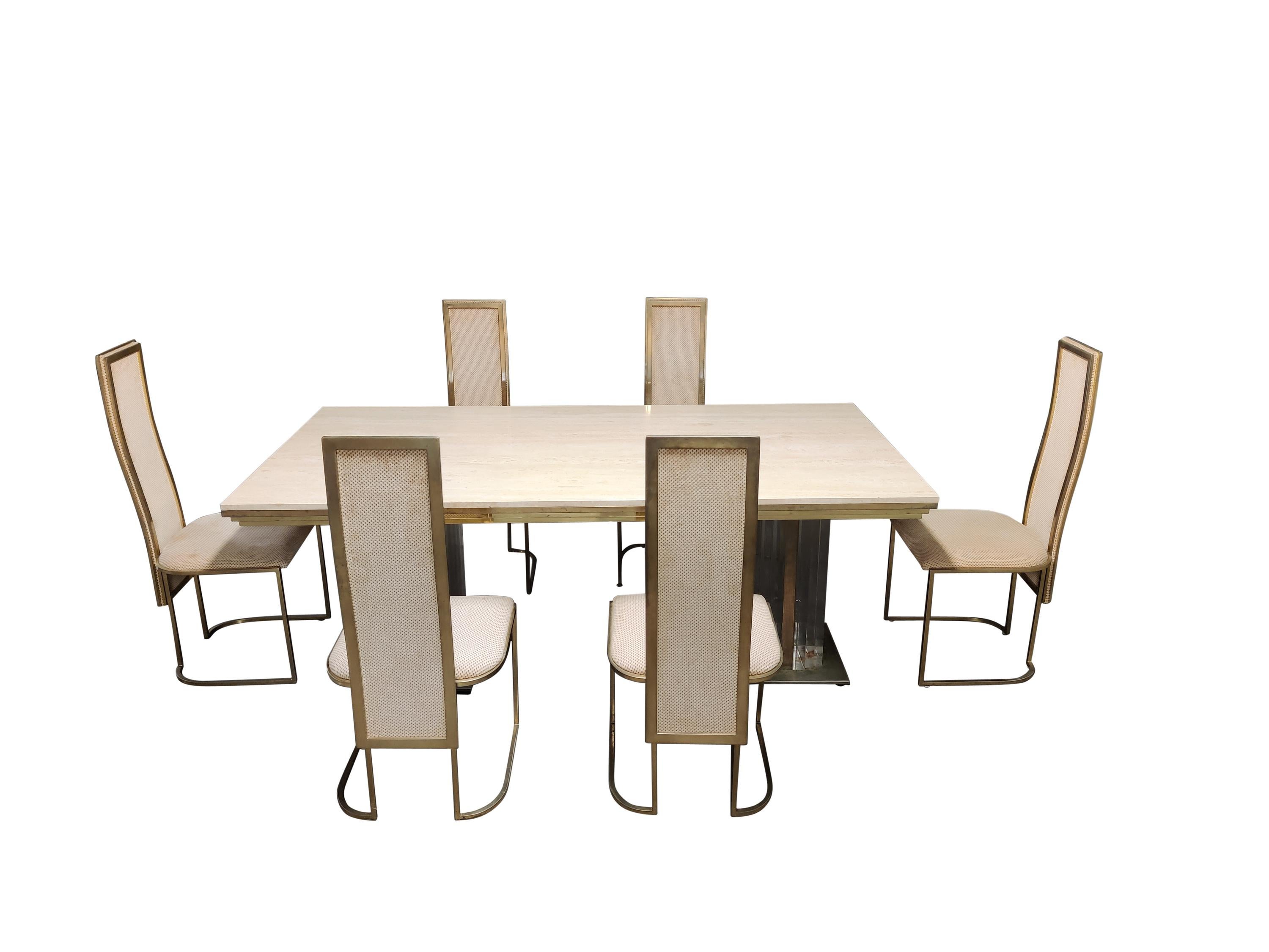 Belgian Vintage Lucite, Brass and Travertine Dining Table, 1970s For Sale