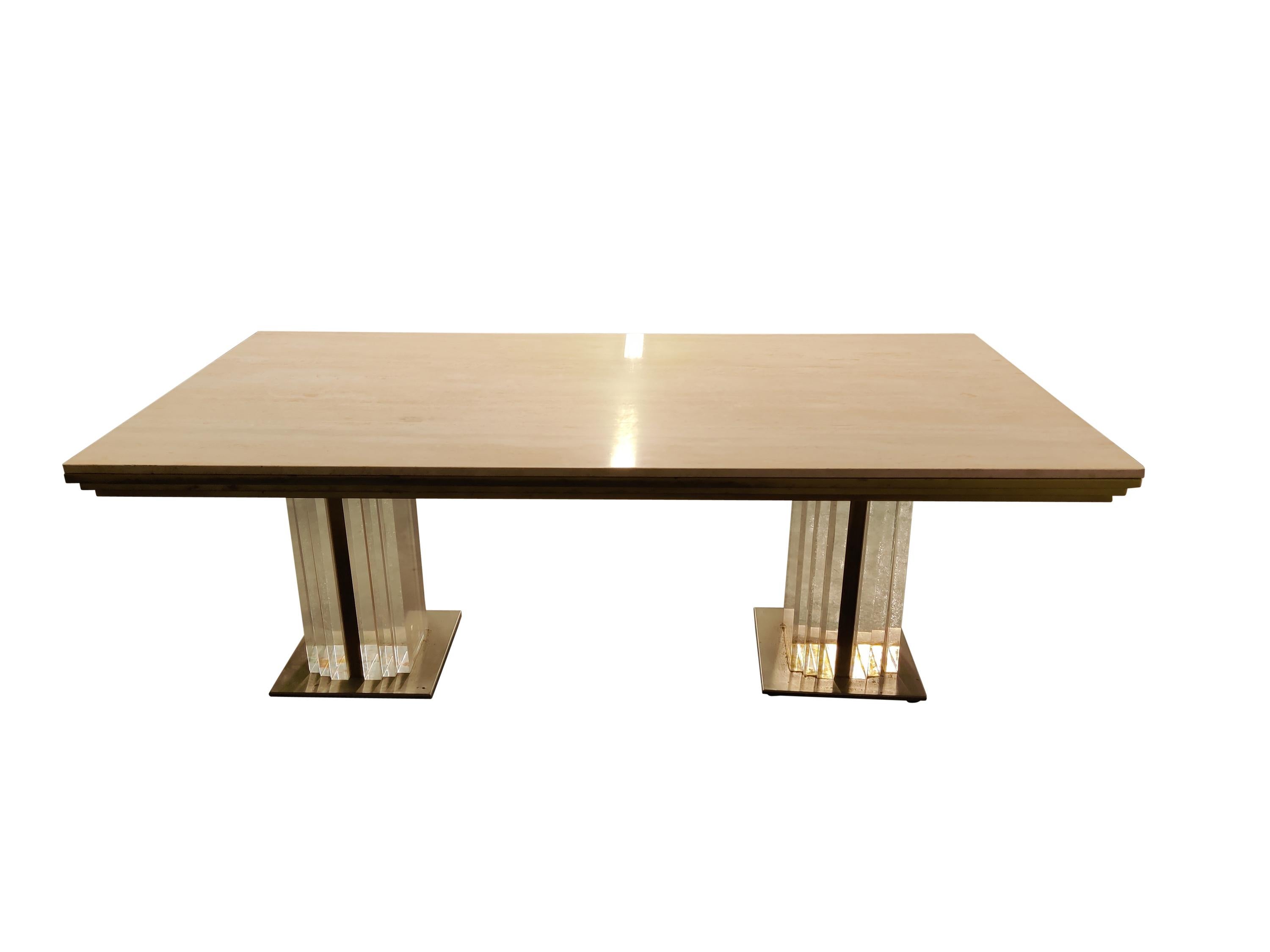 Vintage Lucite, Brass and Travertine Dining Table, 1970s For Sale 1