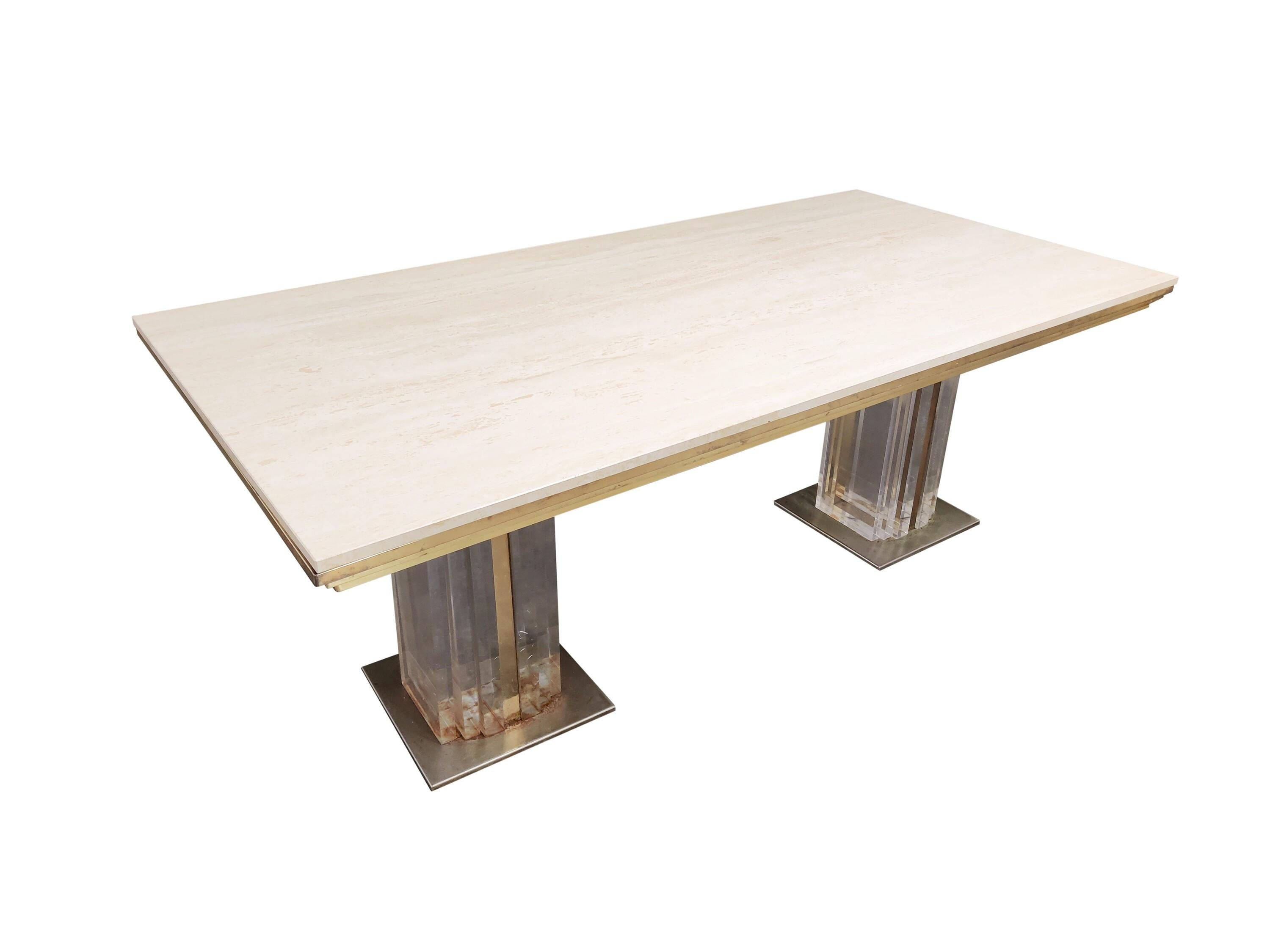 Vintage Lucite, Brass and Travertine Dining Table, 1970s For Sale 2