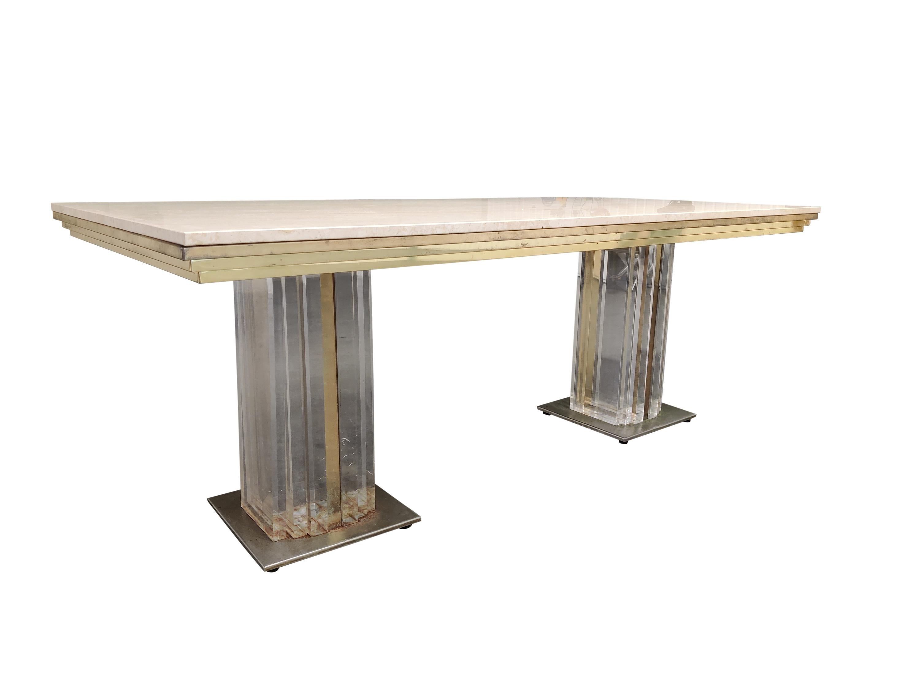 Vintage Lucite, Brass and Travertine Dining Table, 1970s For Sale 3