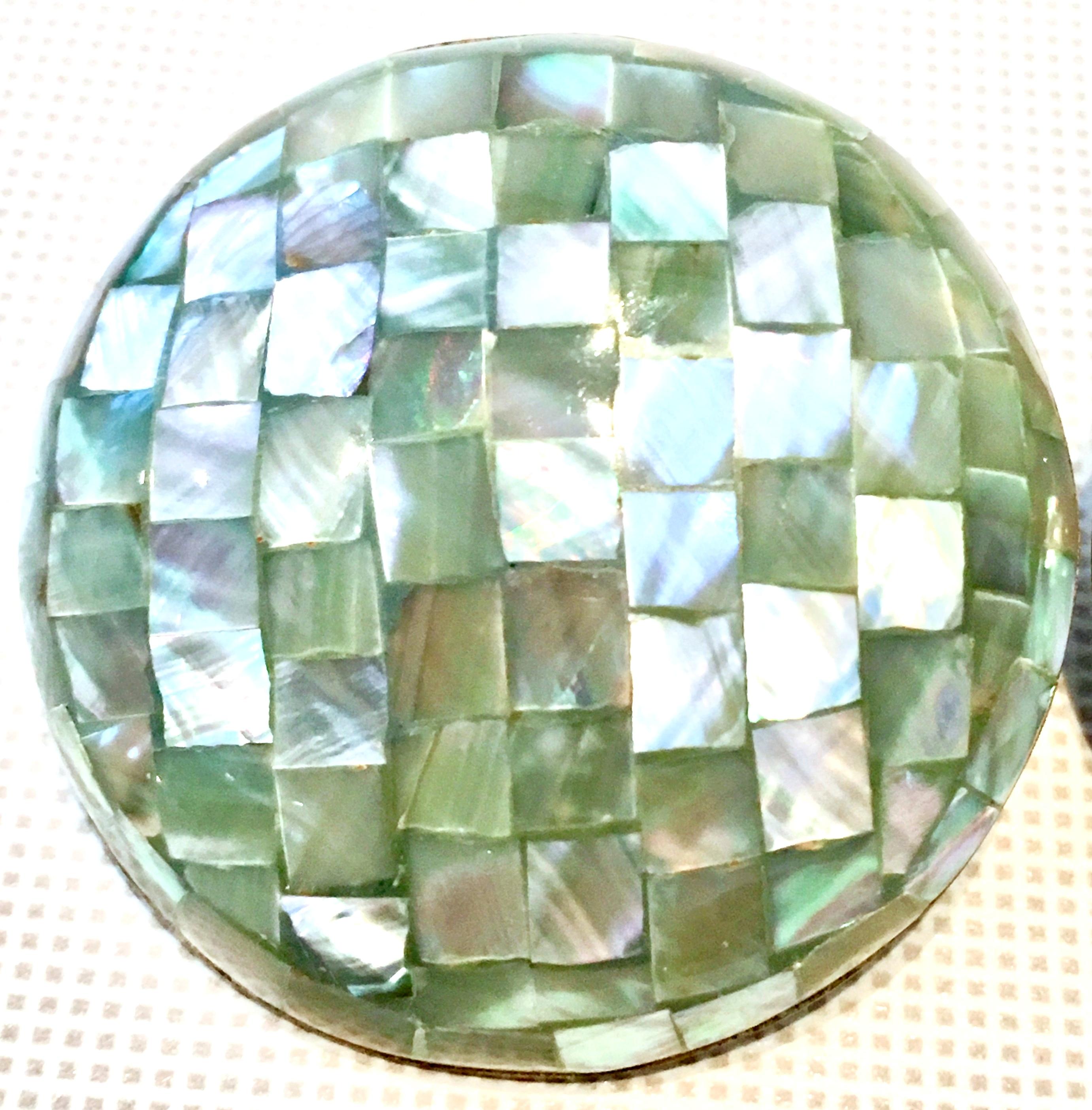 Women's or Men's Vintage Lucite Cased Abalone Confetti Mosaic Disc Earrings For Sale
