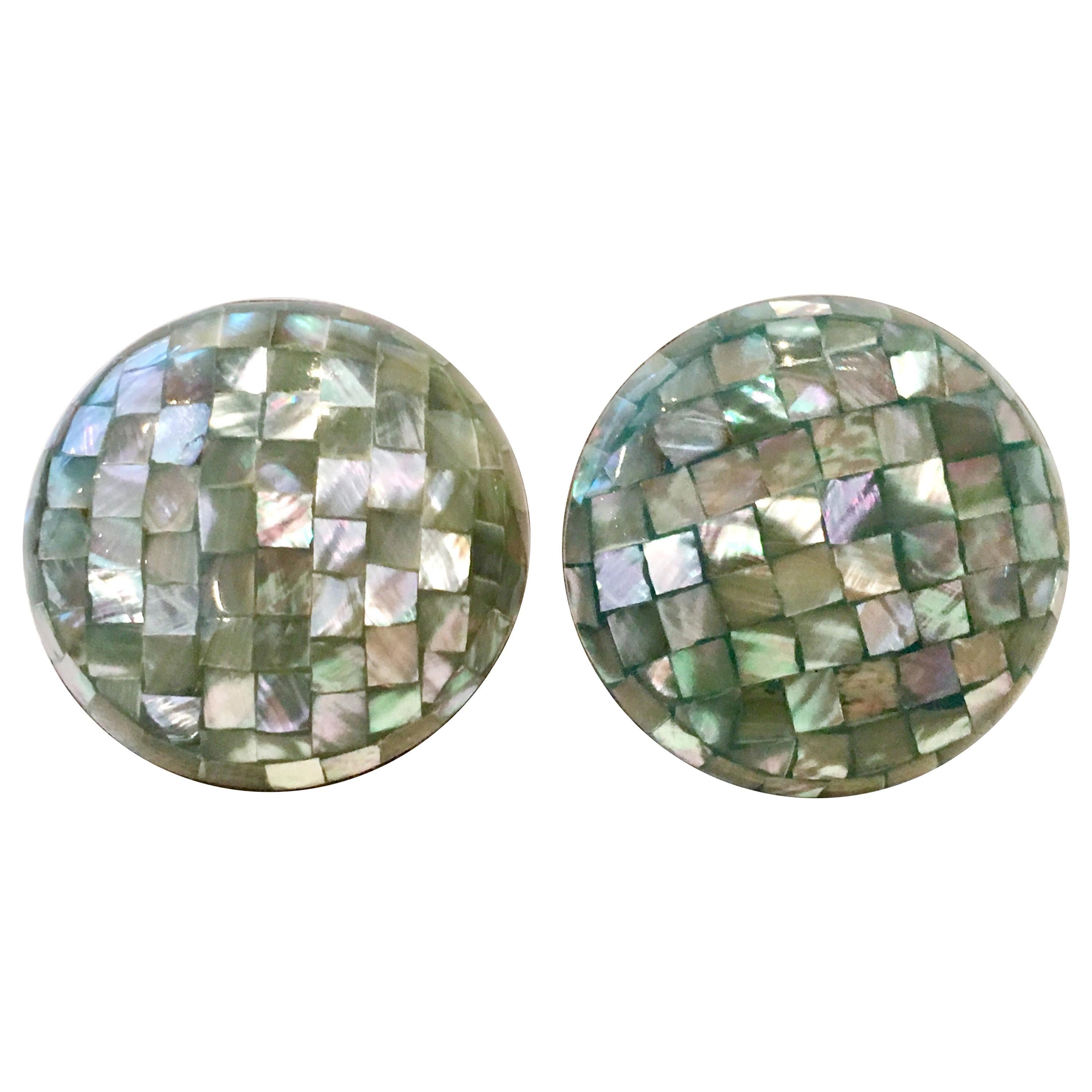 Vintage Lucite Cased Abalone Confetti Mosaic Disc Earrings For Sale
