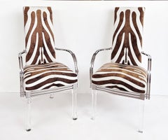 Vintage Lucite, Chrome Armchairs Upholstered in Zebra Cowhide, Pair