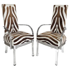 Vintage Lucite, Chrome Armchairs Upholstered in Zebra Cowhide, Pair