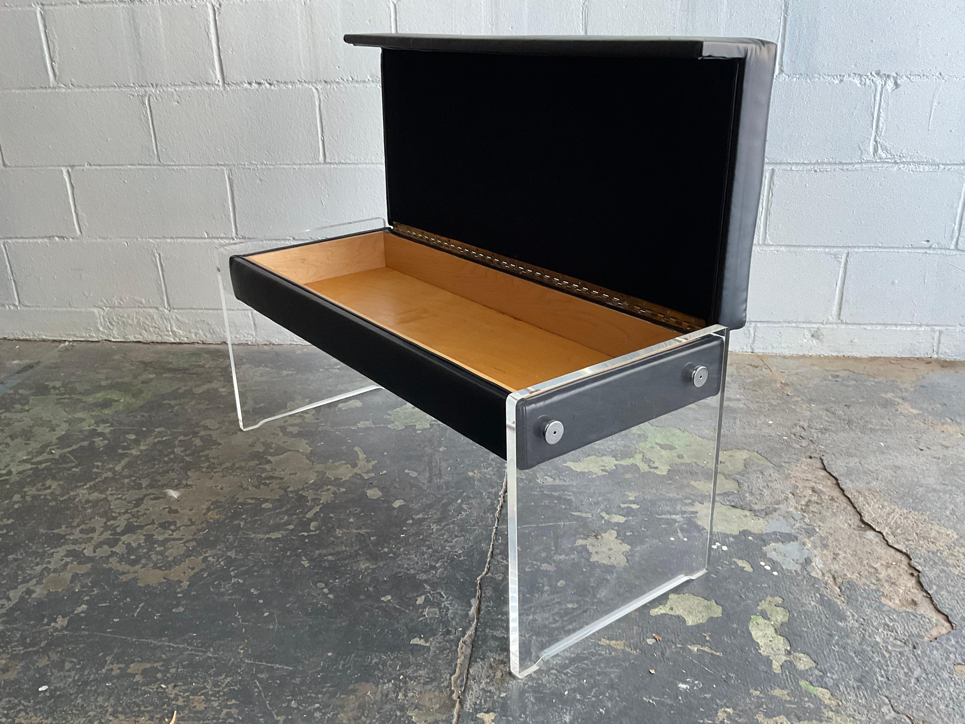 Mid-Century Modern Vintage Lucite, Chrome & Black Leather Bench with Storage Compartment, 1970s For Sale