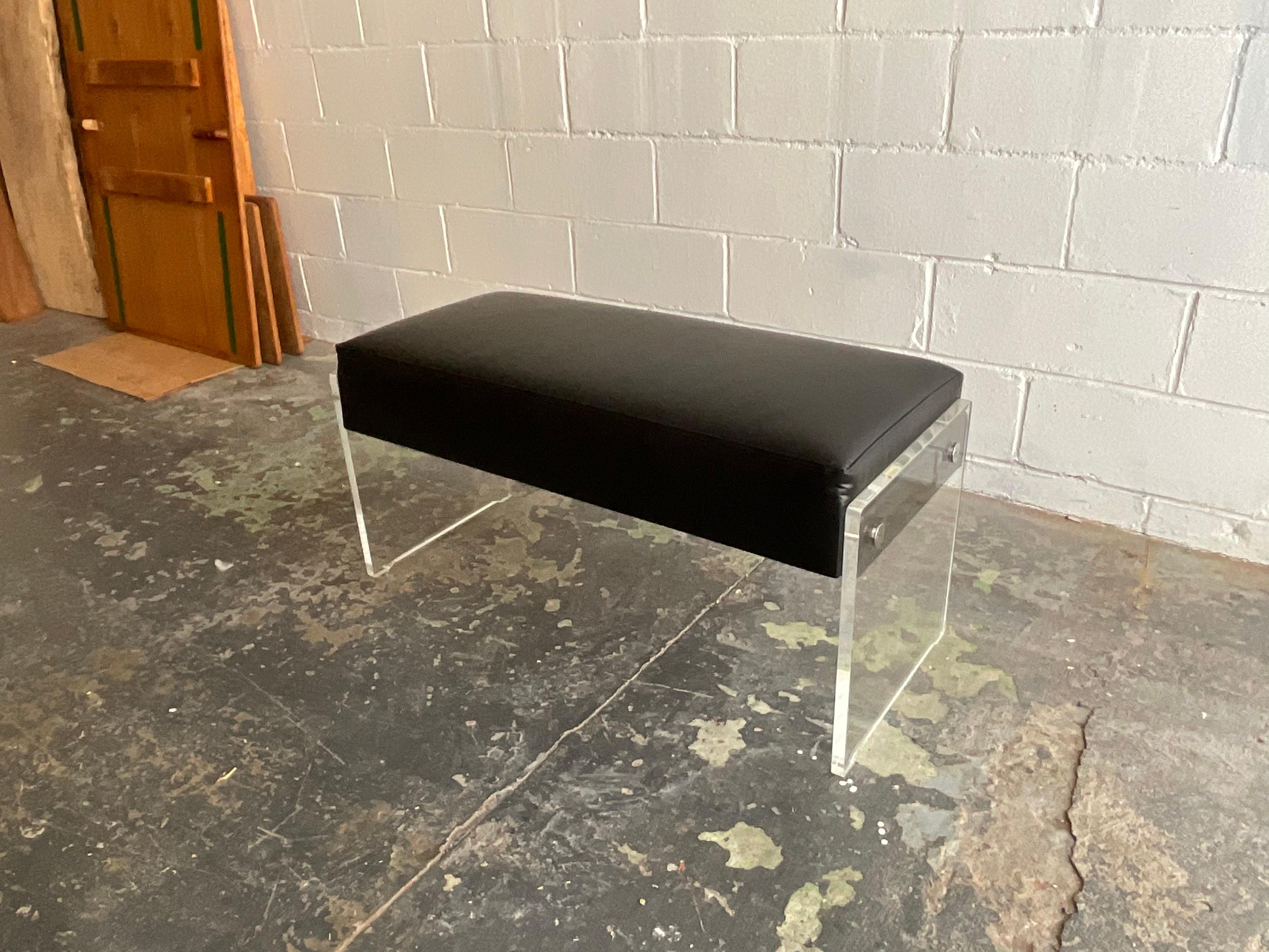 American Vintage Lucite, Chrome & Black Leather Bench with Storage Compartment, 1970s For Sale