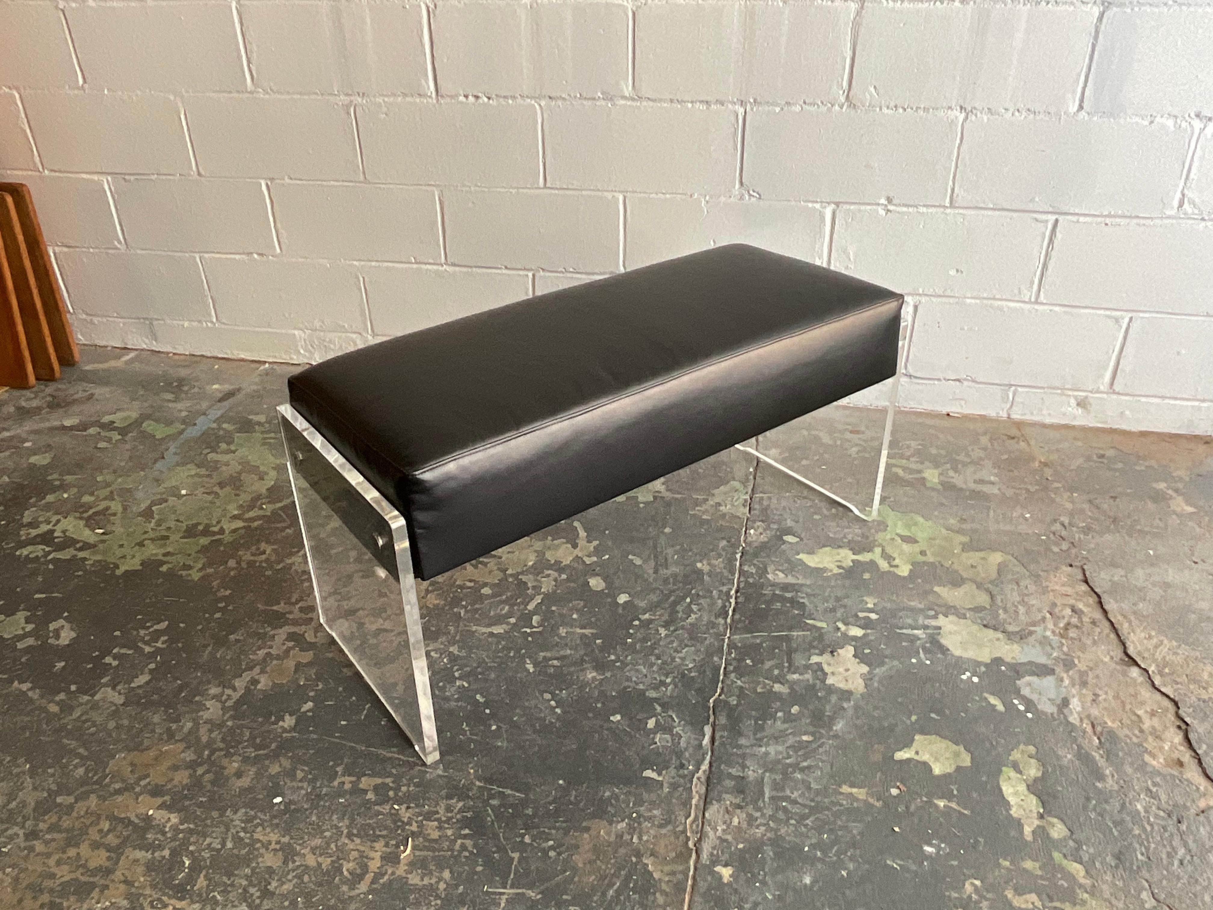 Late 20th Century Vintage Lucite, Chrome & Black Leather Bench with Storage Compartment, 1970s For Sale