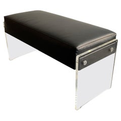 Banc vintage en lucite, chrome et cuir noir avec compartiment de rangement, 1970