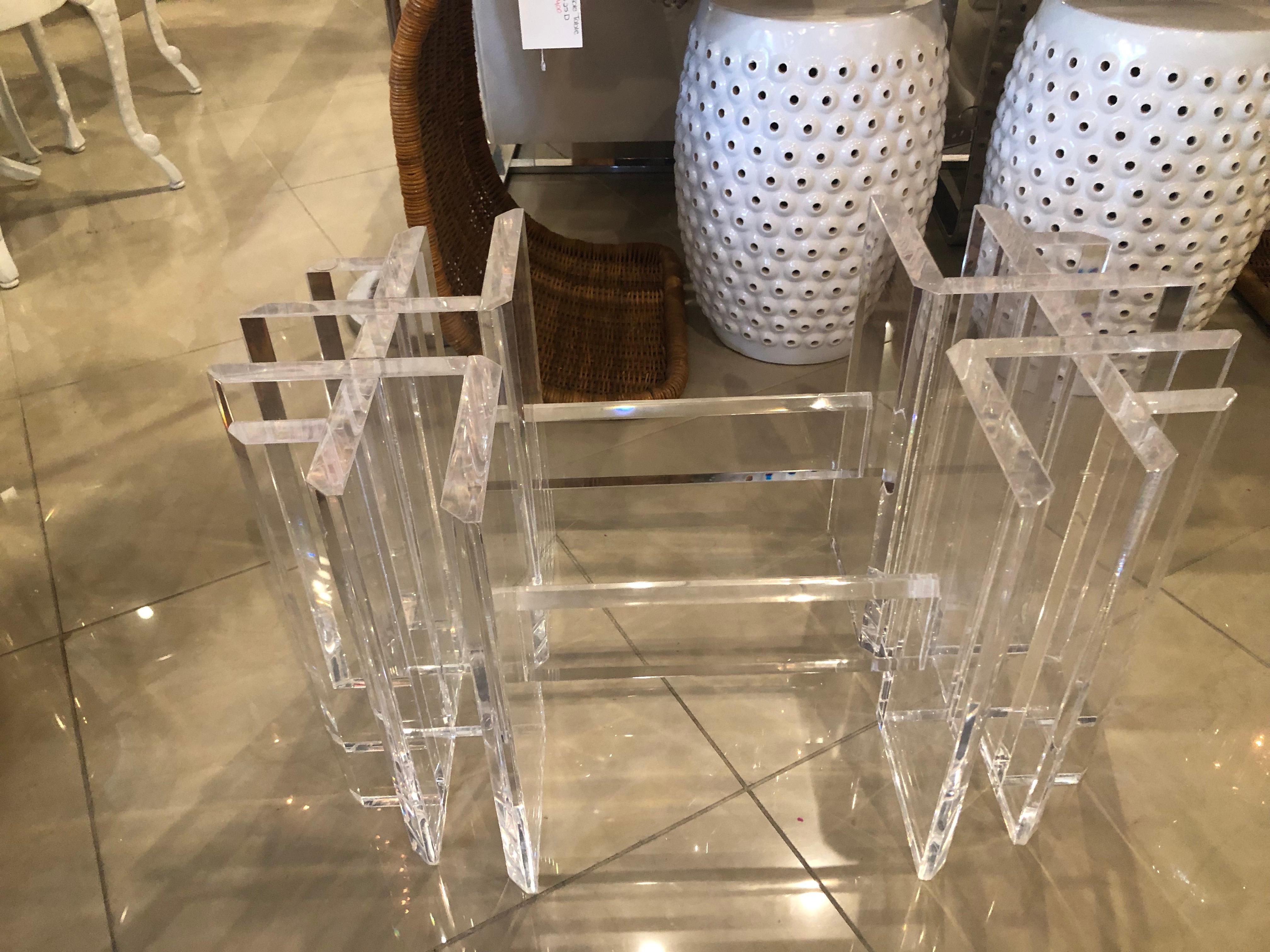 Vintage Lucite coffee cocktail table. Geometric lines. This has been professionally polished. Glass top not included.