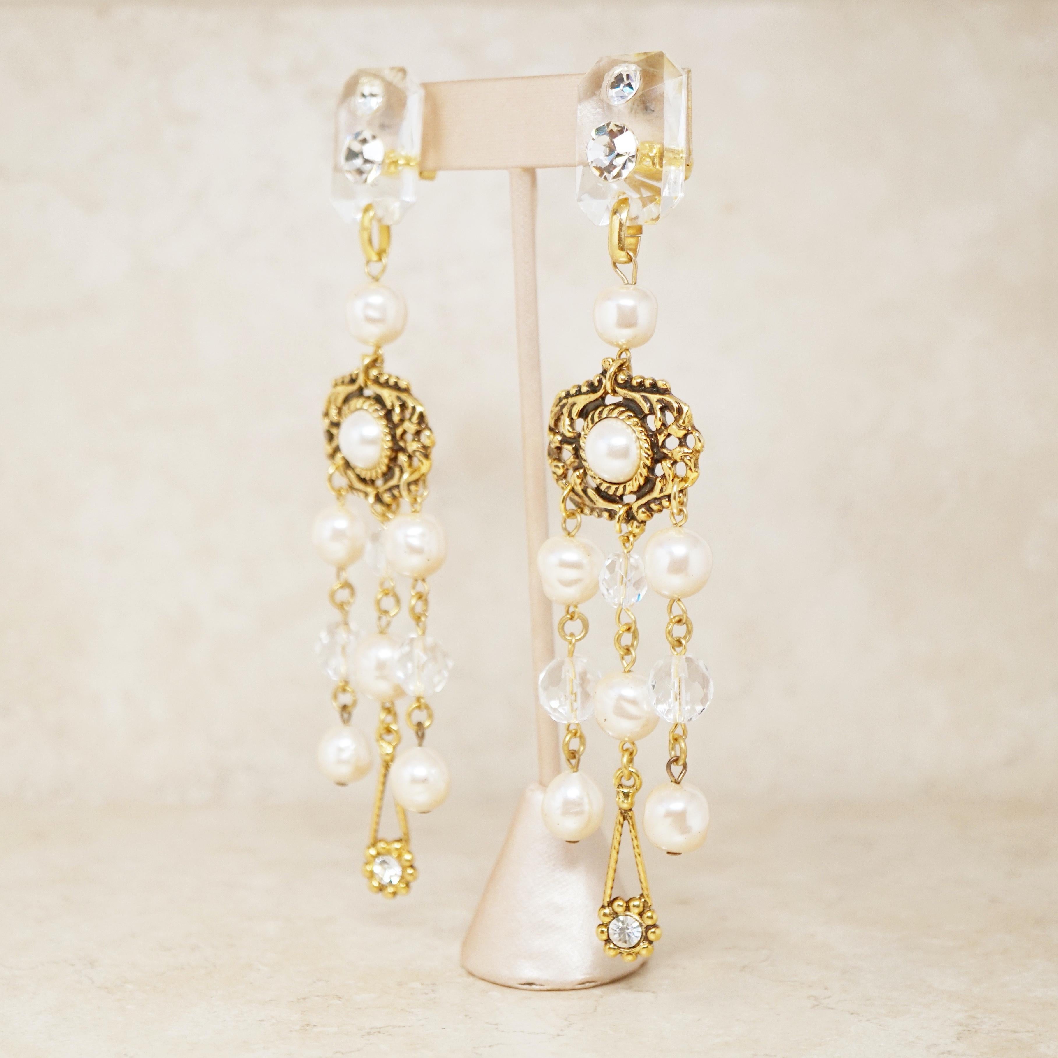 Vintage Lucite, Crystal & Pearl Chandelier Earrings by Gianni De Liguoro, 1980s In Excellent Condition For Sale In McKinney, TX