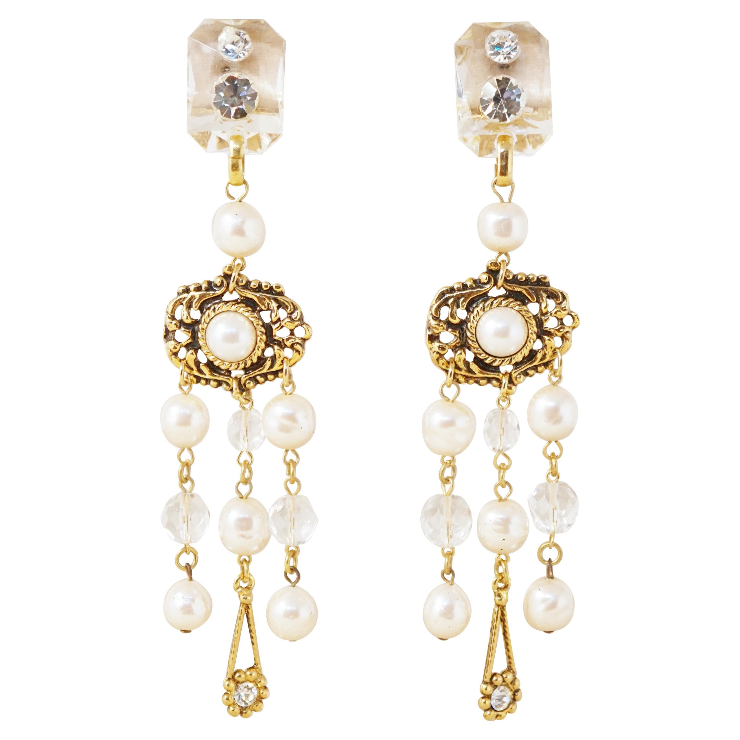 Vintage Lucite, Crystal & Pearl Chandelier Earrings by Gianni De Liguoro, 1980s For Sale
