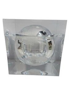 Vintage Lucite Cube-Form Ice Bucket with Spherical World Globe Etched Cavity