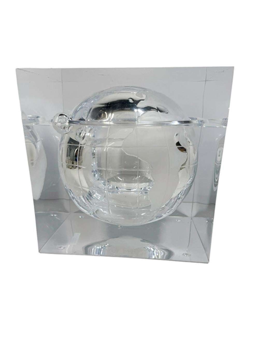 Mid-Century Modern Vintage Lucite Cube-Form Ice Bucket with Spherical World Globe Etched Cavity