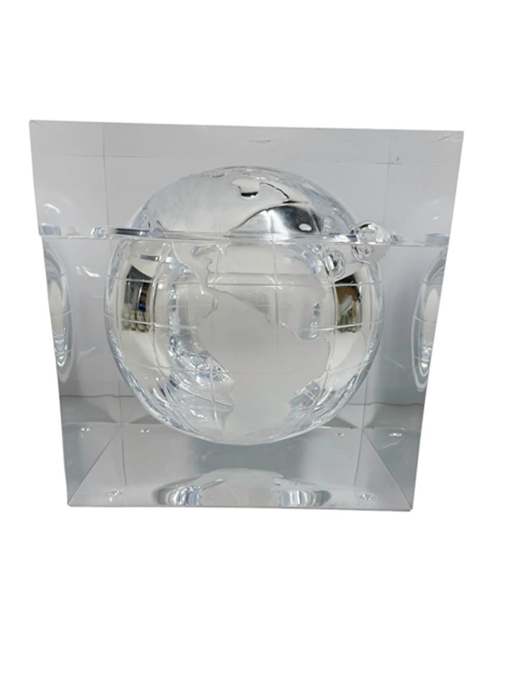 Italian Vintage Lucite Cube-Form Ice Bucket with Spherical World Globe Etched Cavity
