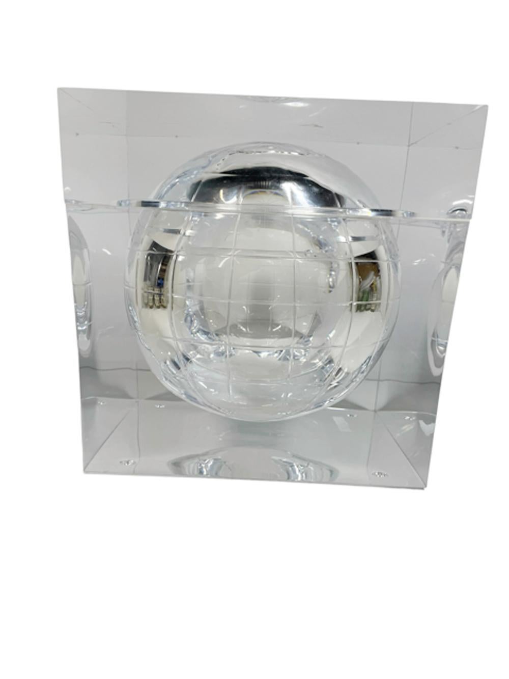 Vintage Lucite Cube-Form Ice Bucket with Spherical World Globe Etched Cavity In Good Condition In Nantucket, MA