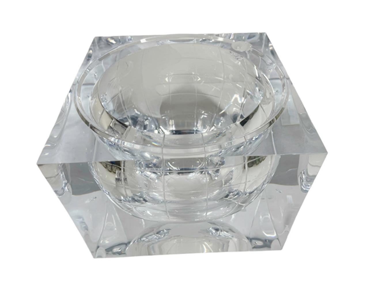 20th Century Vintage Lucite Cube-Form Ice Bucket with Spherical World Globe Etched Cavity
