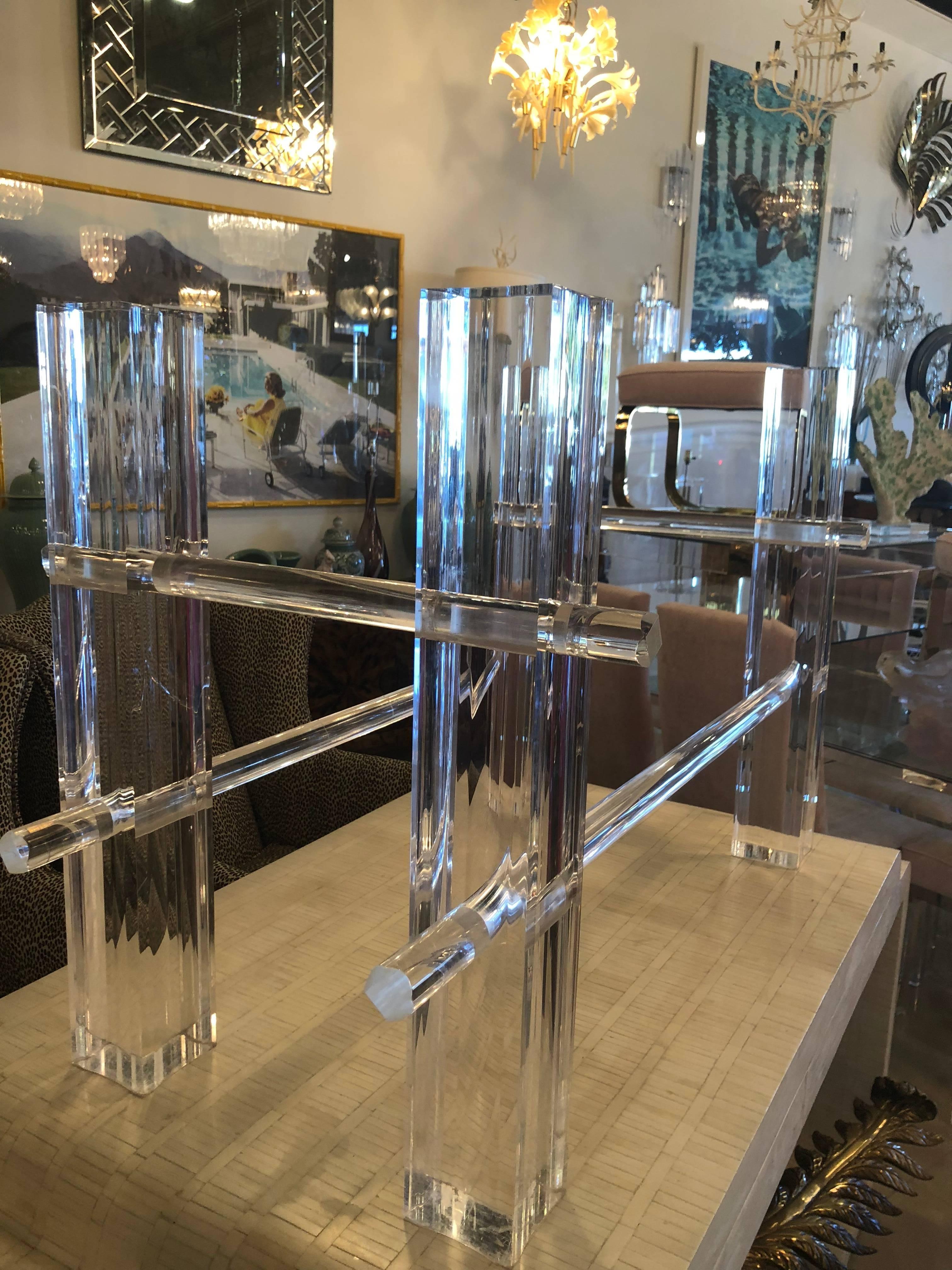 Vintage Lucite dining table or desk base. Chunky Lucite columns. The legs can slide in or out to adjust the depth or length where the columns rest. Beautiful piece.