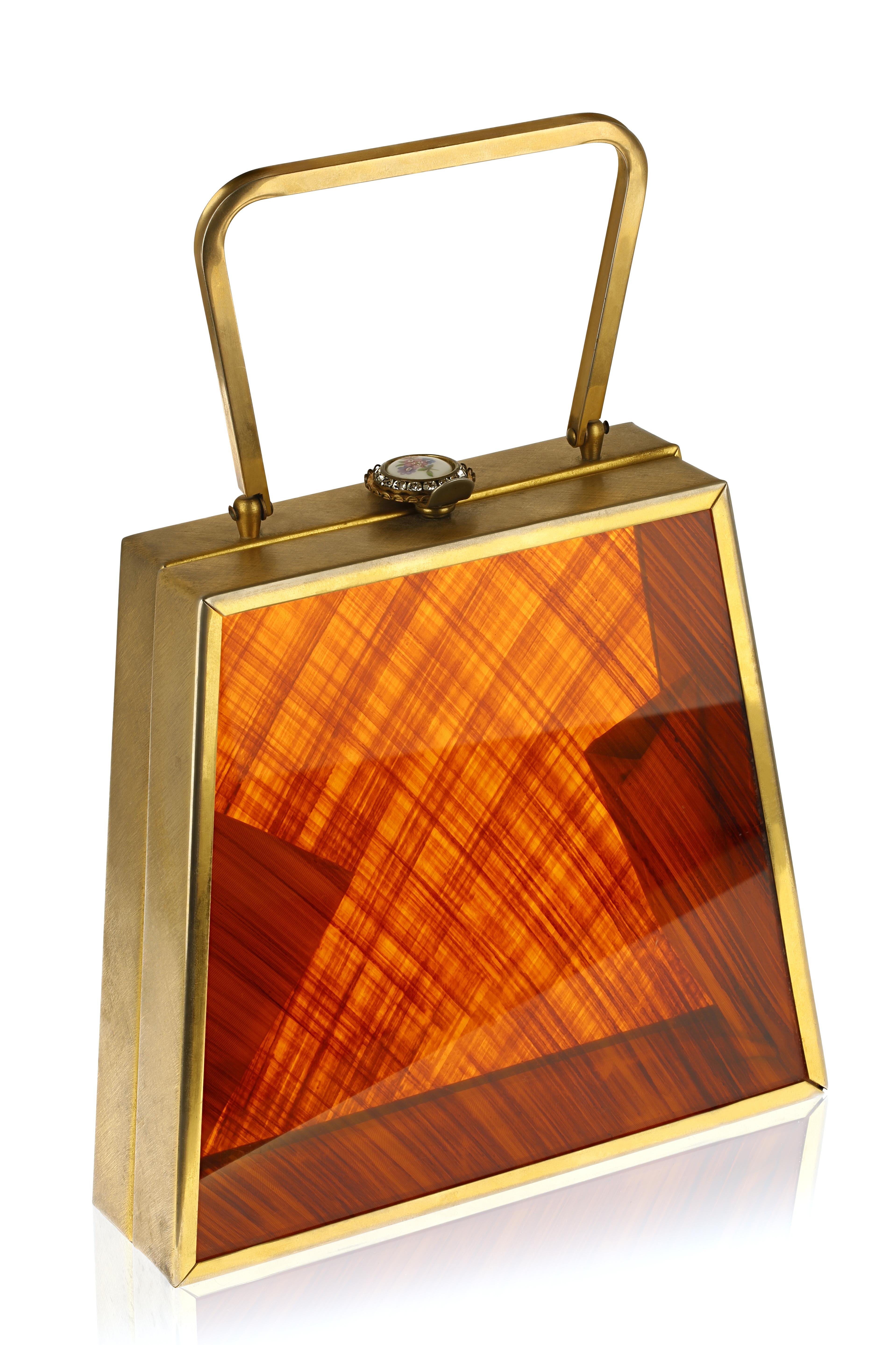 Brilliant Cut Vintage Lucite Evening Clutch Flyover New York Circa 1950 Porcelain & Agate For Sale