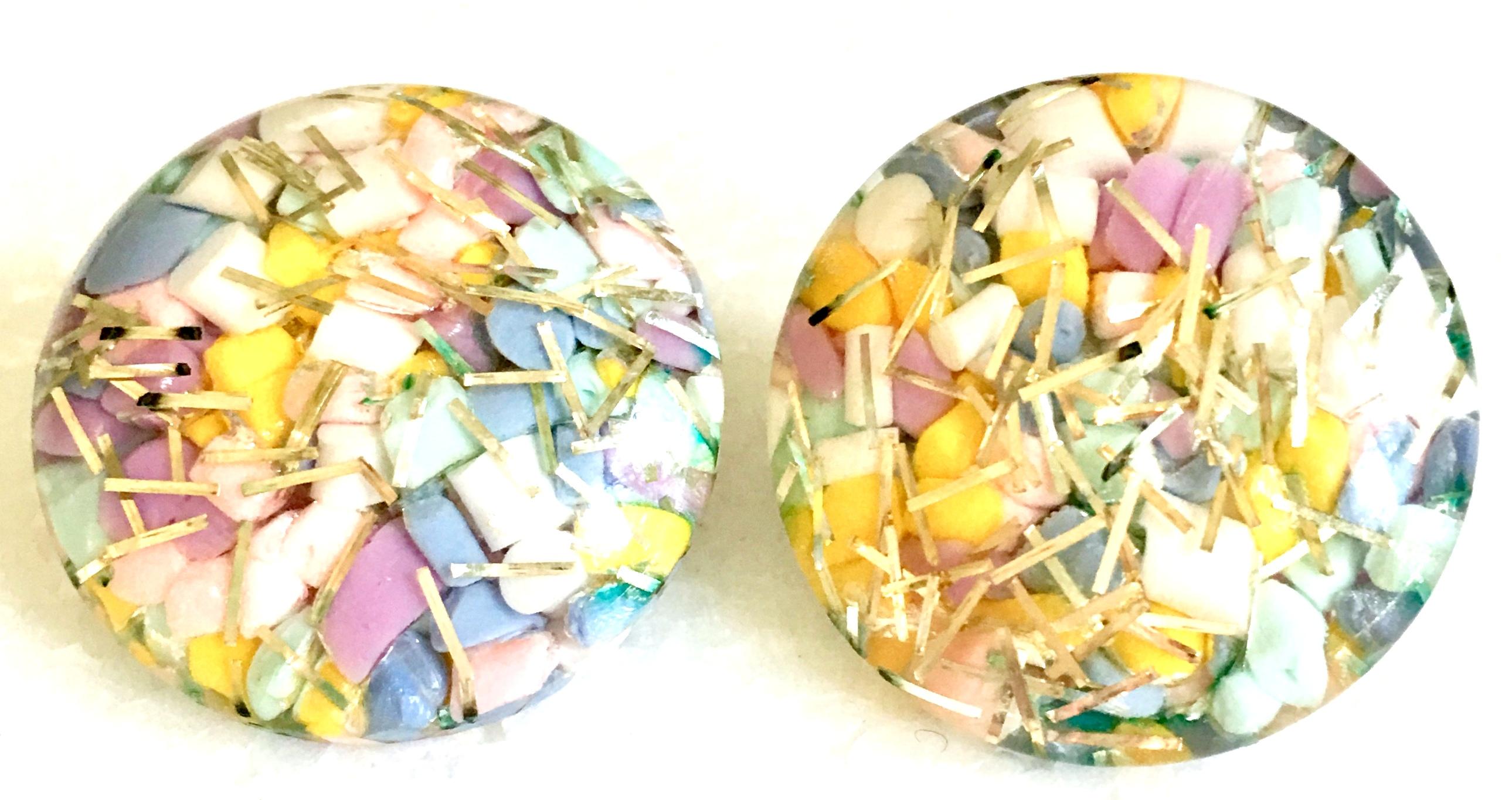 20th Century Cased Lucite & 22-K Gold Fleck Confetti Round Button Earrings. Mounted on silver tone metal clip style posts.
