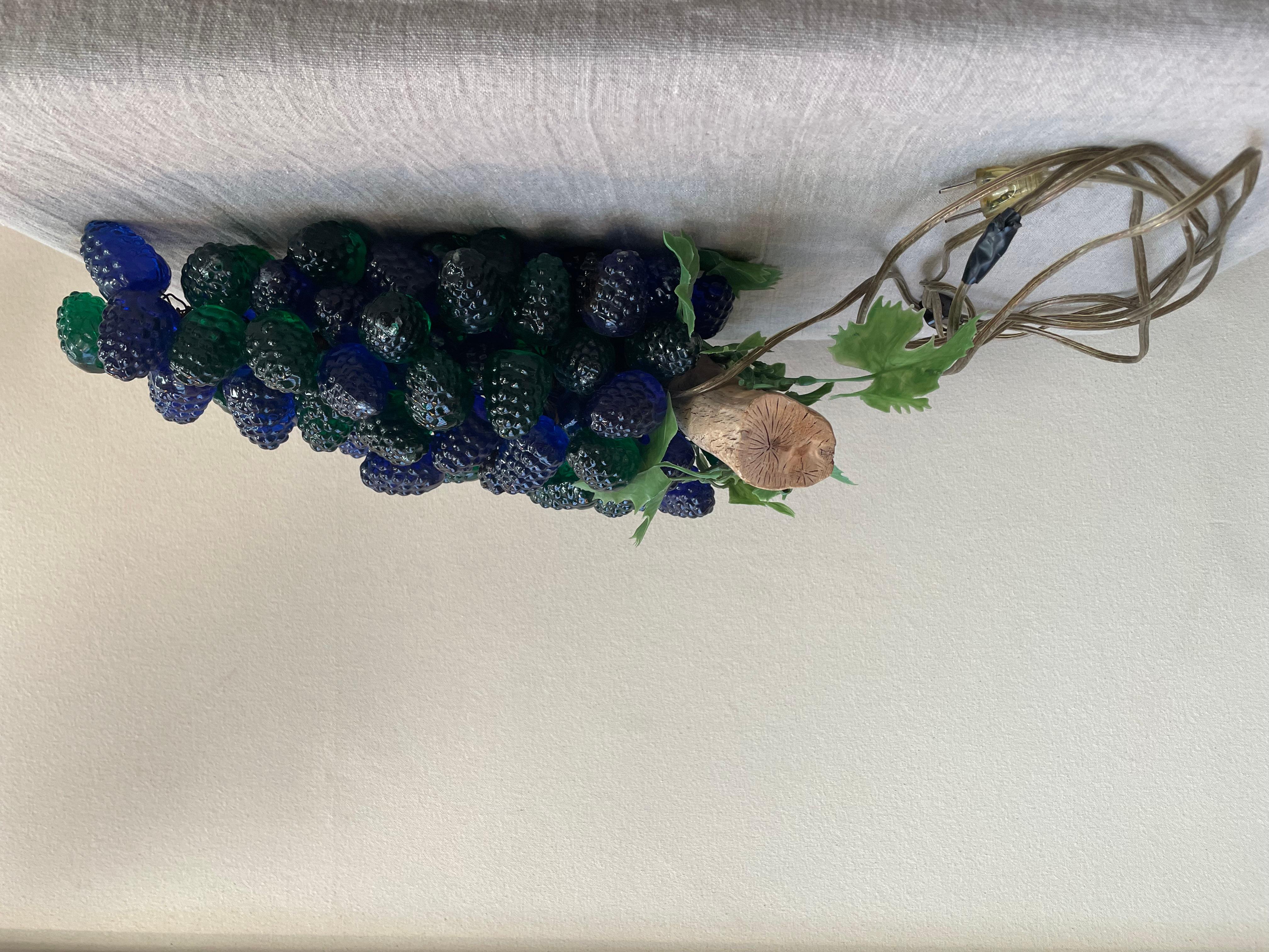 
This striking mid-century illuminated sculpture takes the form of an oversized grape cluster, crafted from richly colored Lucite in deep cobalt blue and emerald green. Each grape is individually molded with a textured surface, capturing the look of