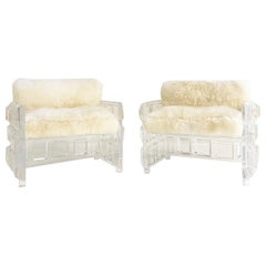 Vintage Lucite Lounge Chairs with New Brazilian Sheepskin Cushions, Pair