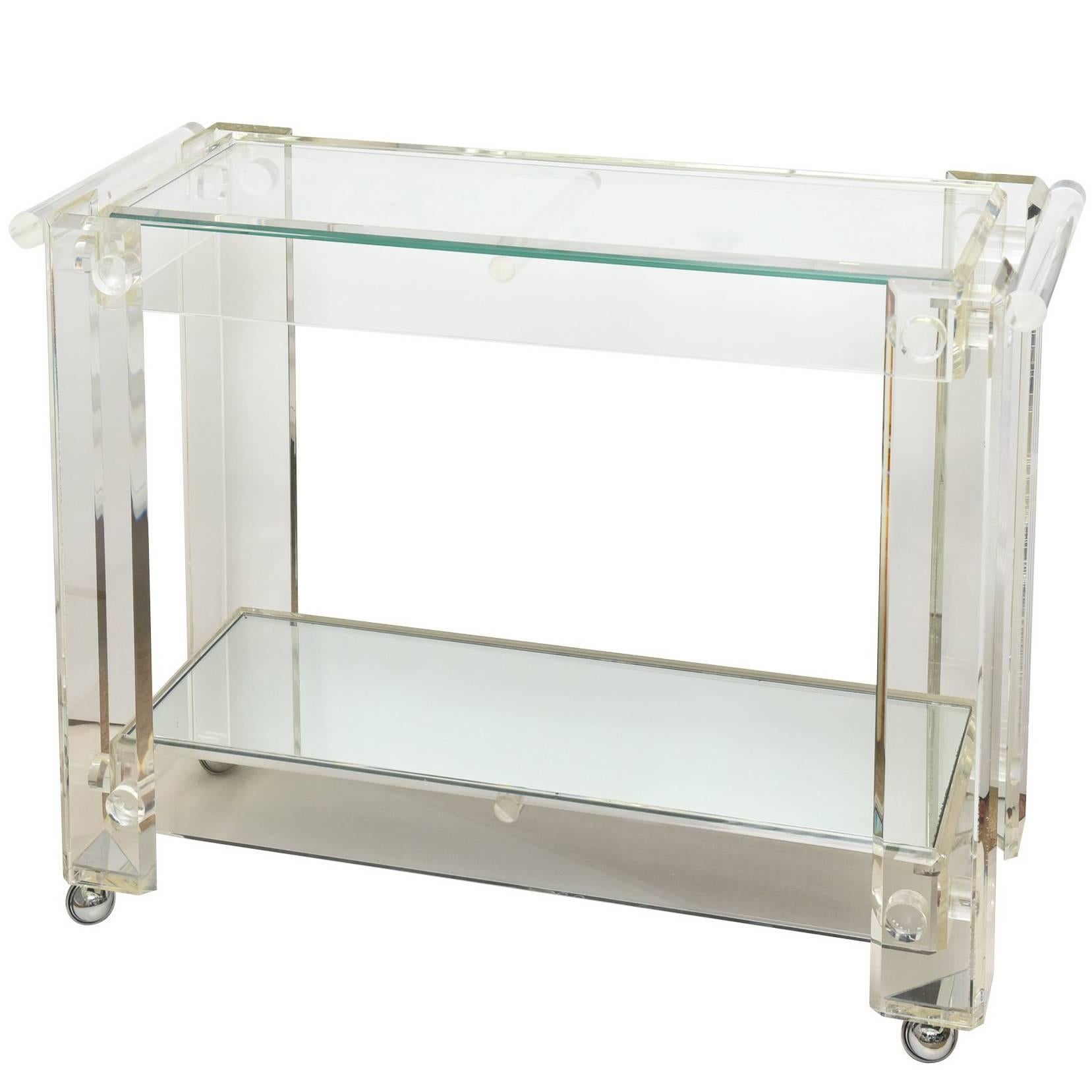 Vintage Lucite Mirrored and Glass Two-Tier Bar Cart or Trolley 