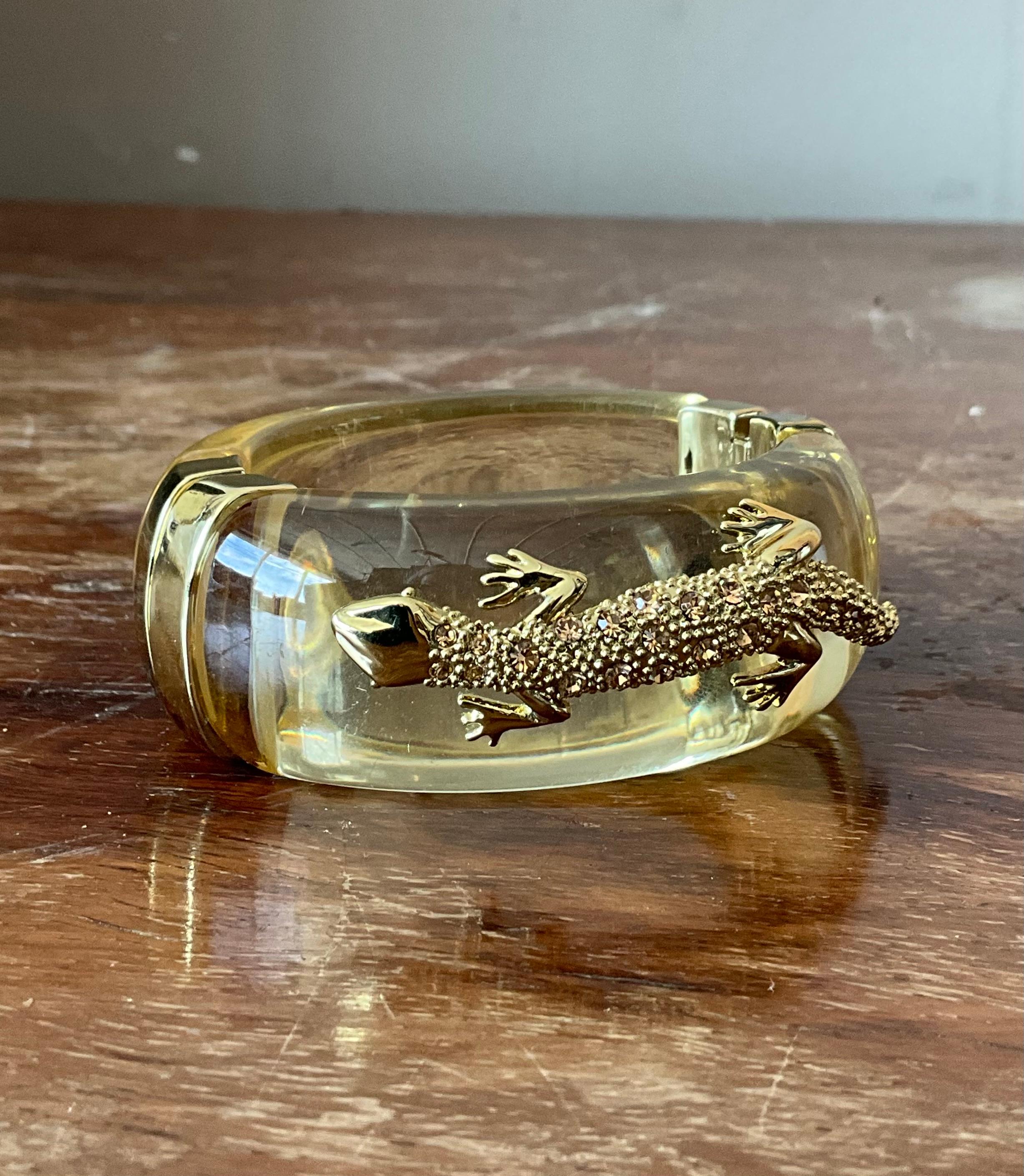 Women's or Men's Vintage Lucite & Rhinestone Encrusted Lizard Hinge Bracelet For Sale