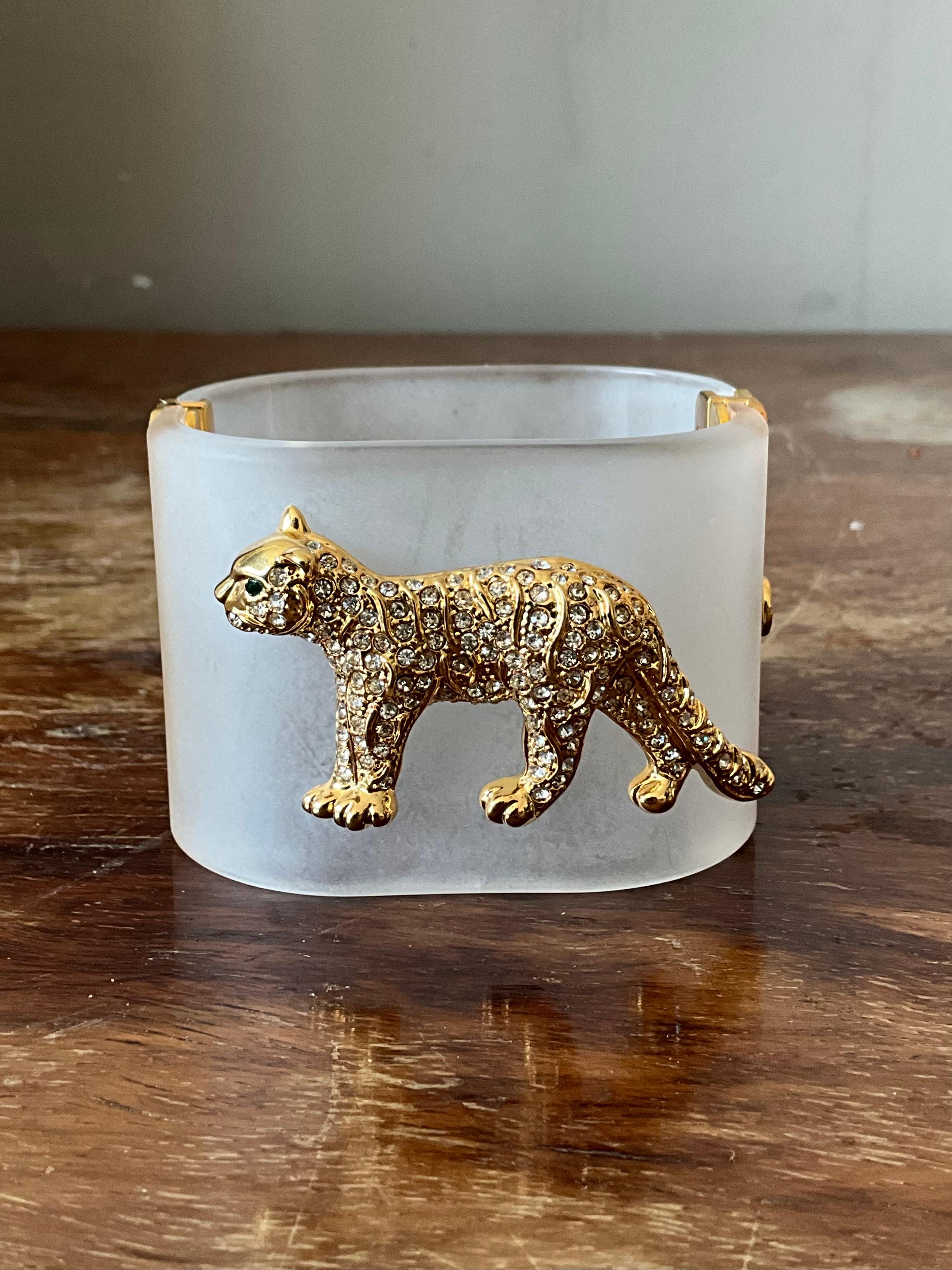 Regency Vintage Lucite Rhinestone Leopard Bracelet For Sale
