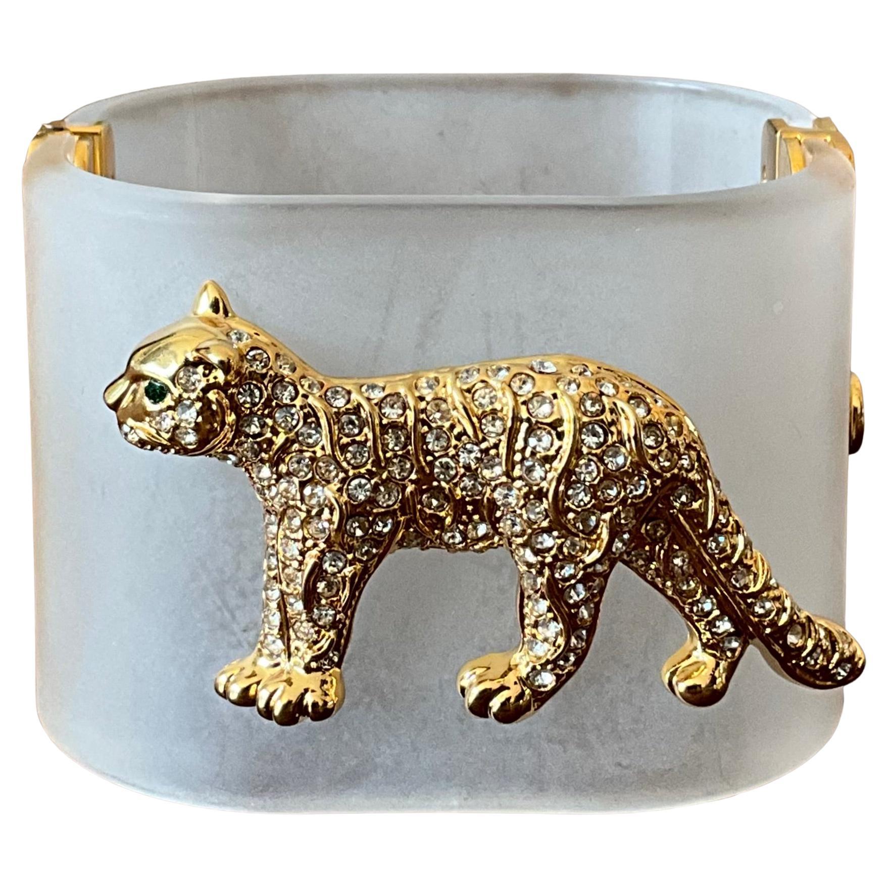Vintage Lucite Rhinestone Leopard Bracelet For Sale