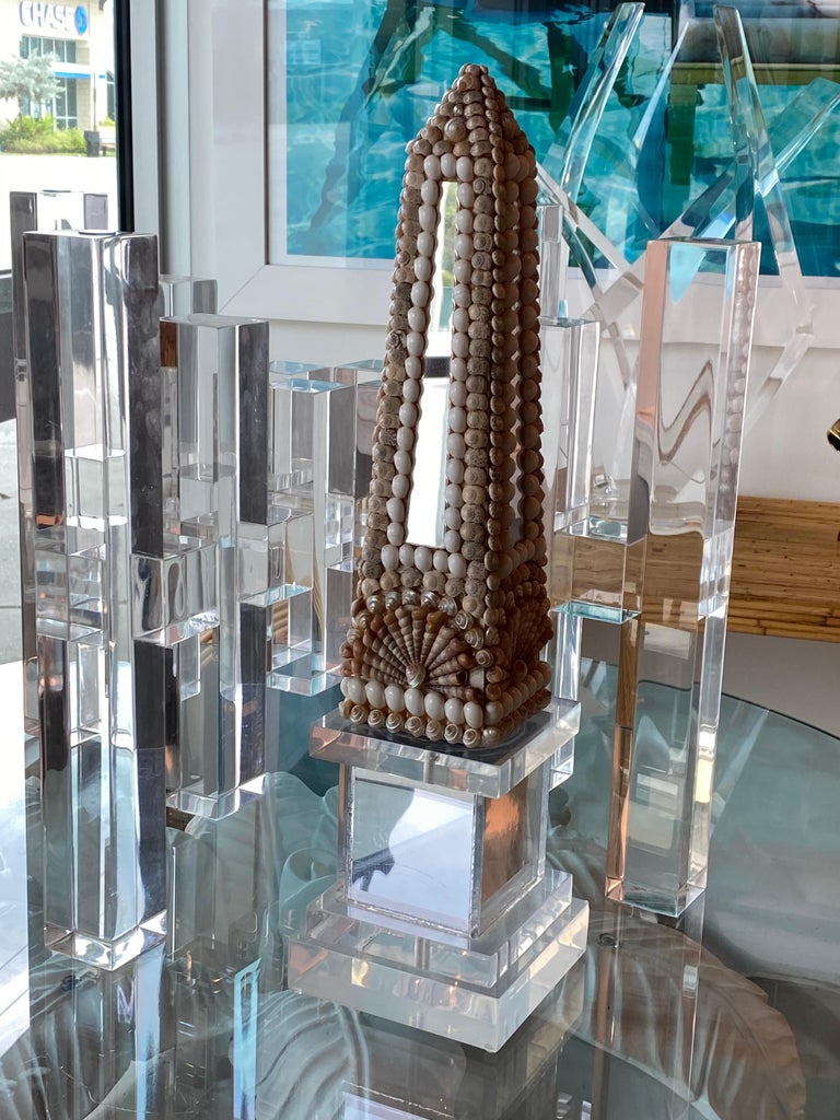 Vintage Lucite Shell Seashell Mirror Obelisk For Sale at 1stDibs