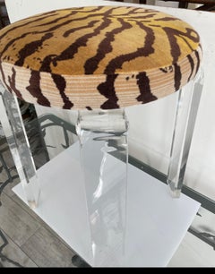 Vintage Lucite Stool with Scalamandre Tiger Velvet Fabric