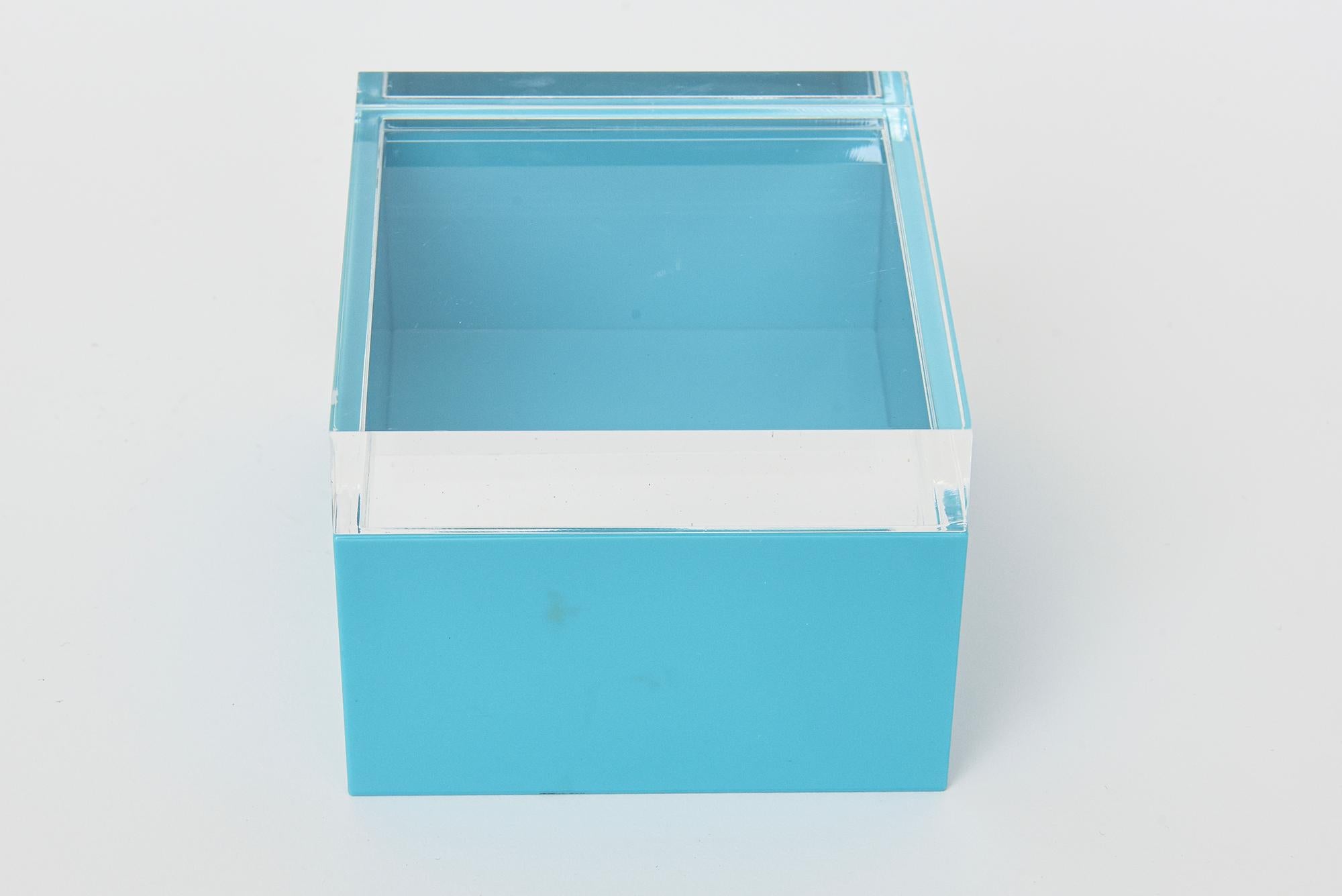 Modern Vintage Lucite Tiffany Blue Turquoise and Clear Lidded Box Desk Accessory