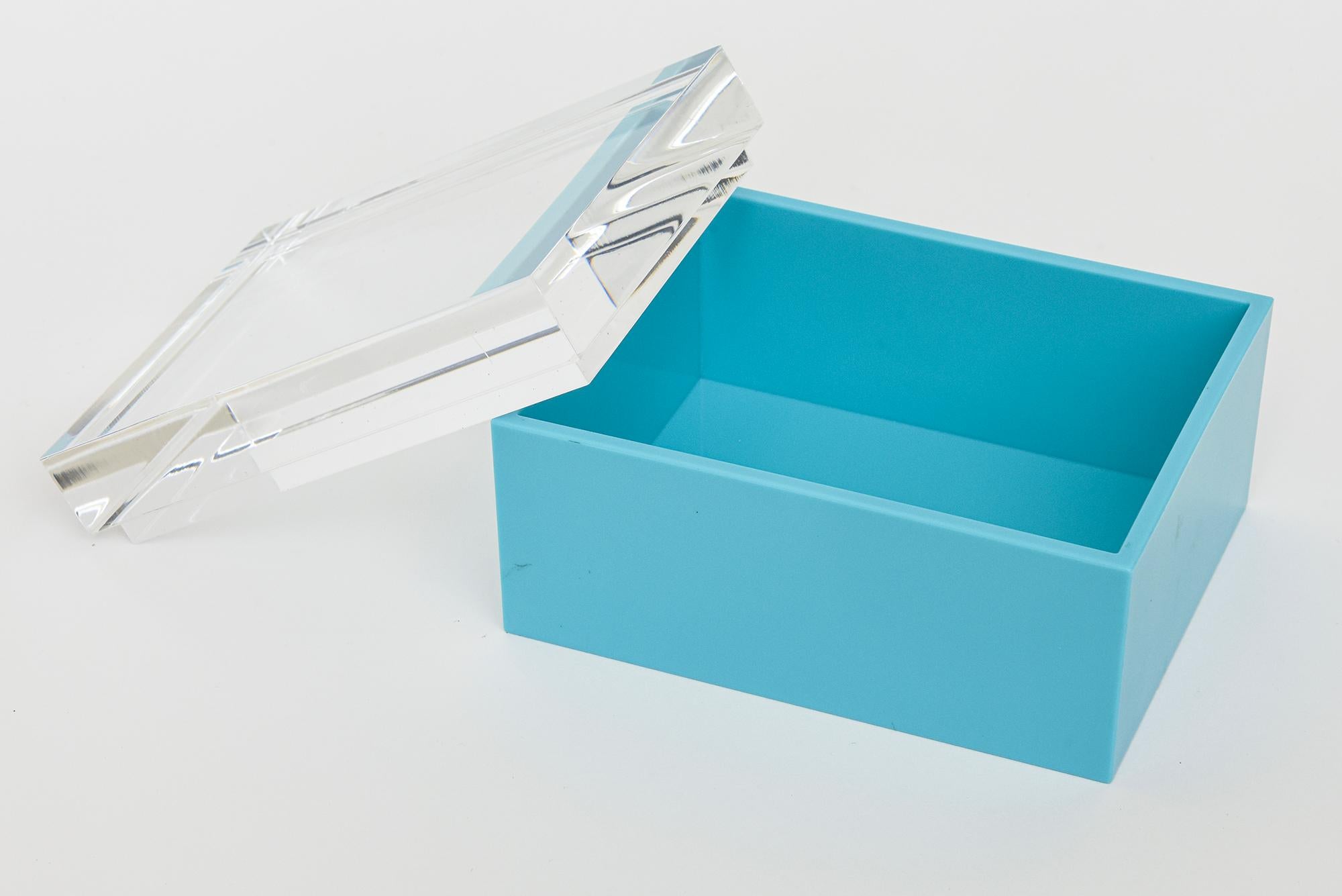 Vintage Lucite Tiffany Blue Turquoise and Clear Lidded Box Desk Accessory 3