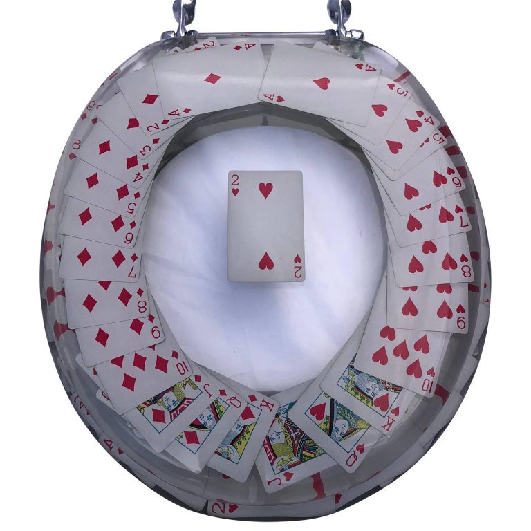 Vintage Lucite Toilet Seat with Deck of Cards Theme and Chrome Hardware