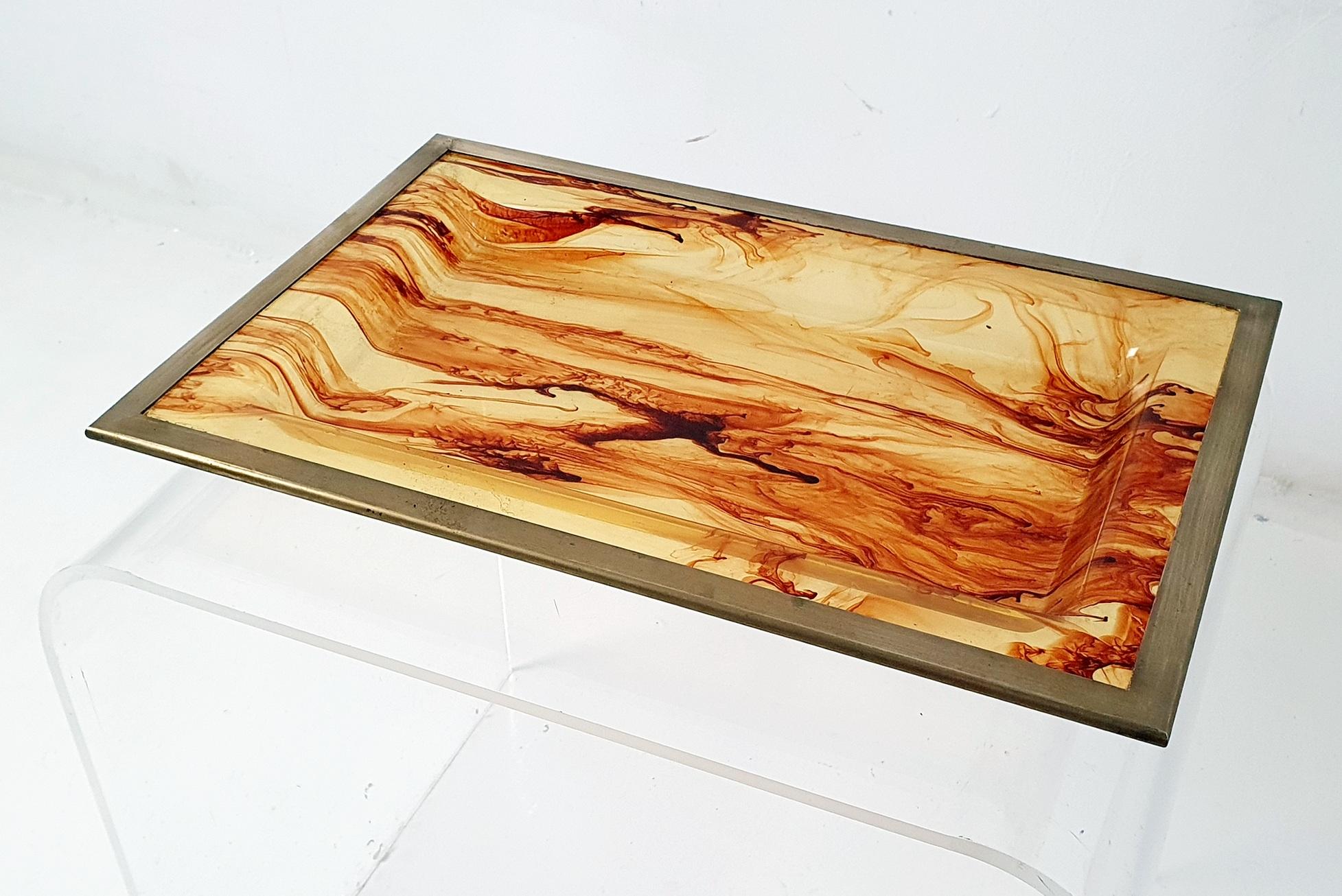 Brass VIntage Lucite Tray in Faux Tortoise Italy For Sale
