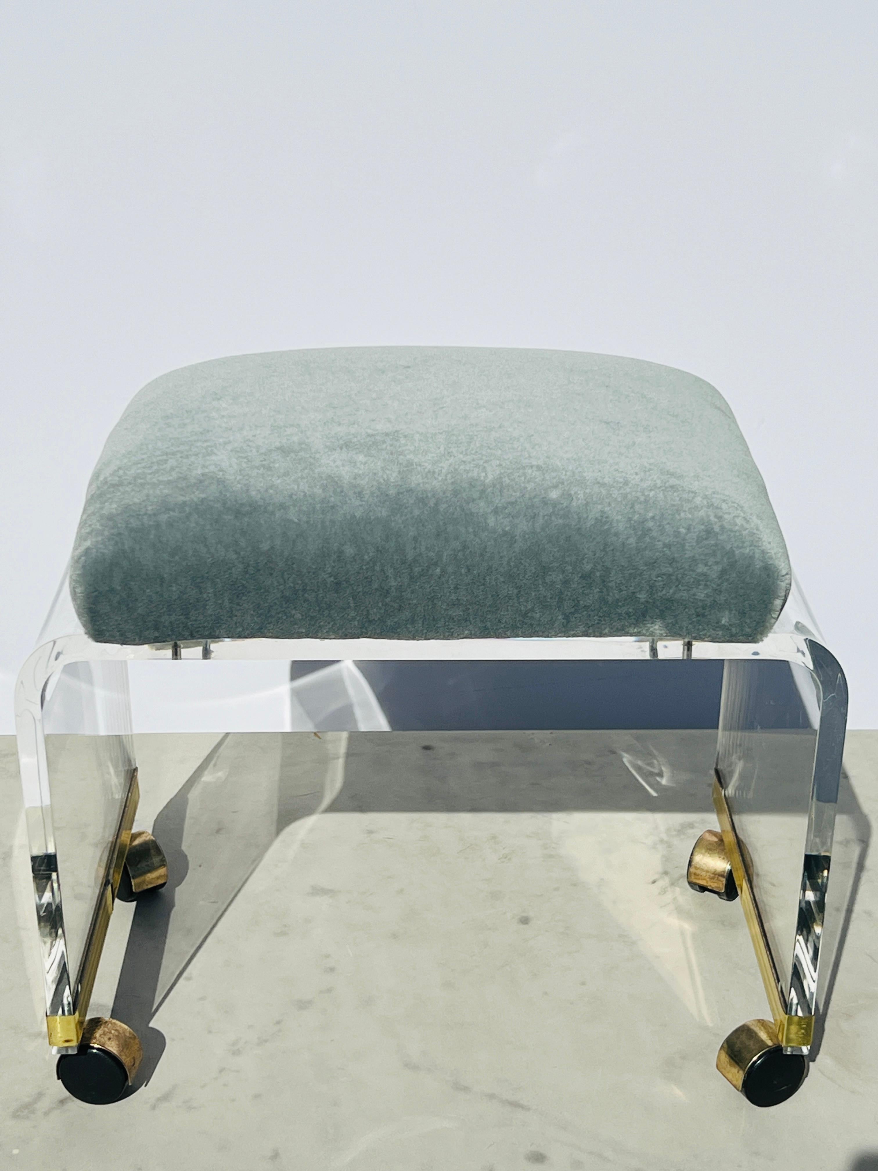 Mid-Century Modern Lucite Vanity Stool Upholstered Celadon Mohair by Pierre Frey, c. 1970's For Sale