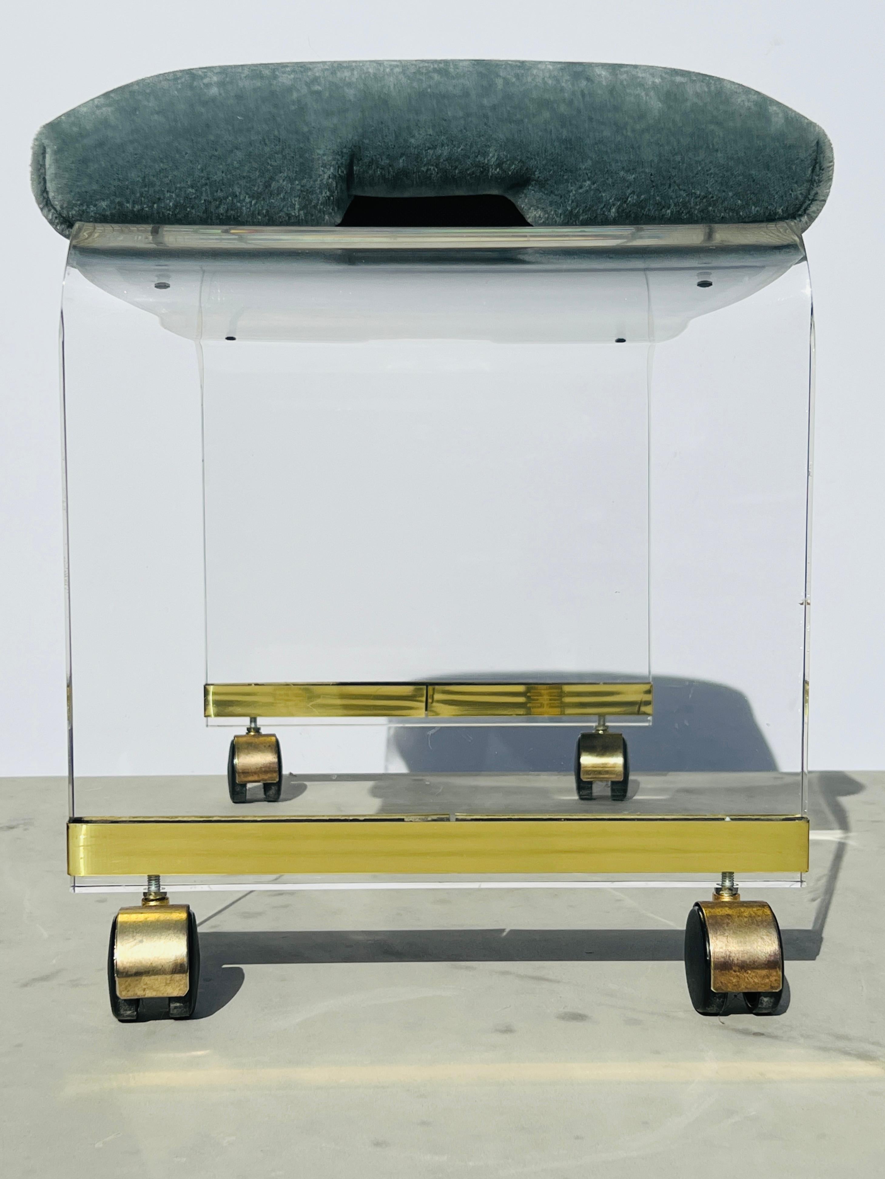 Lucite Vanity Stool Upholstered Celadon Mohair by Pierre Frey, c. 1970's In Good Condition For Sale In Fort Lauderdale, FL