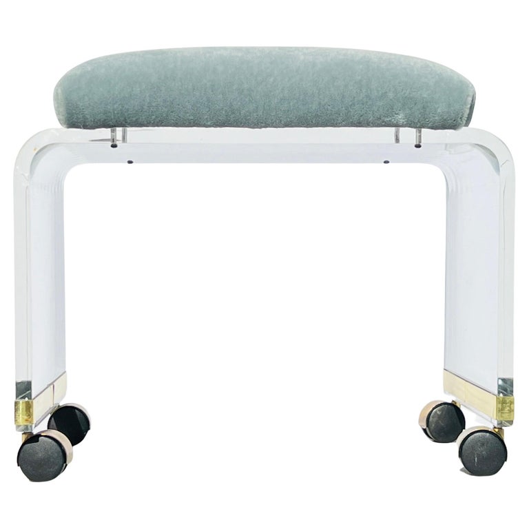 Vintage Lucite Vanity Stool Upholstered in Pierre Frey's Teddy Mohair Celadon For Sale