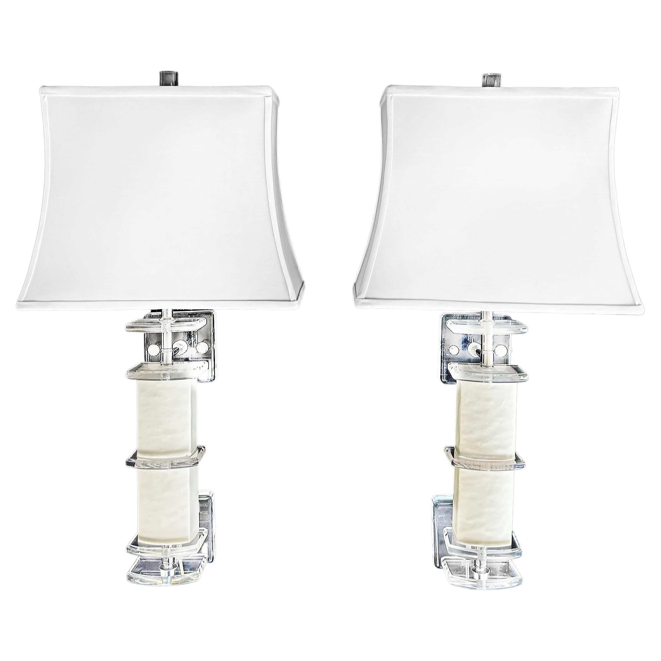 Vintage Lucite Wall Sconces with Faux Leather, Lucite Finials and Lampshades For Sale