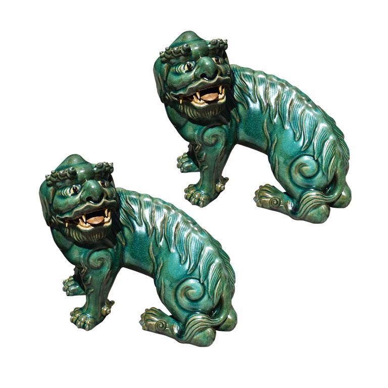 Vintage Lucky Chinoiserie Green Ceramic Foo Dogs or Lions, a Pair 2