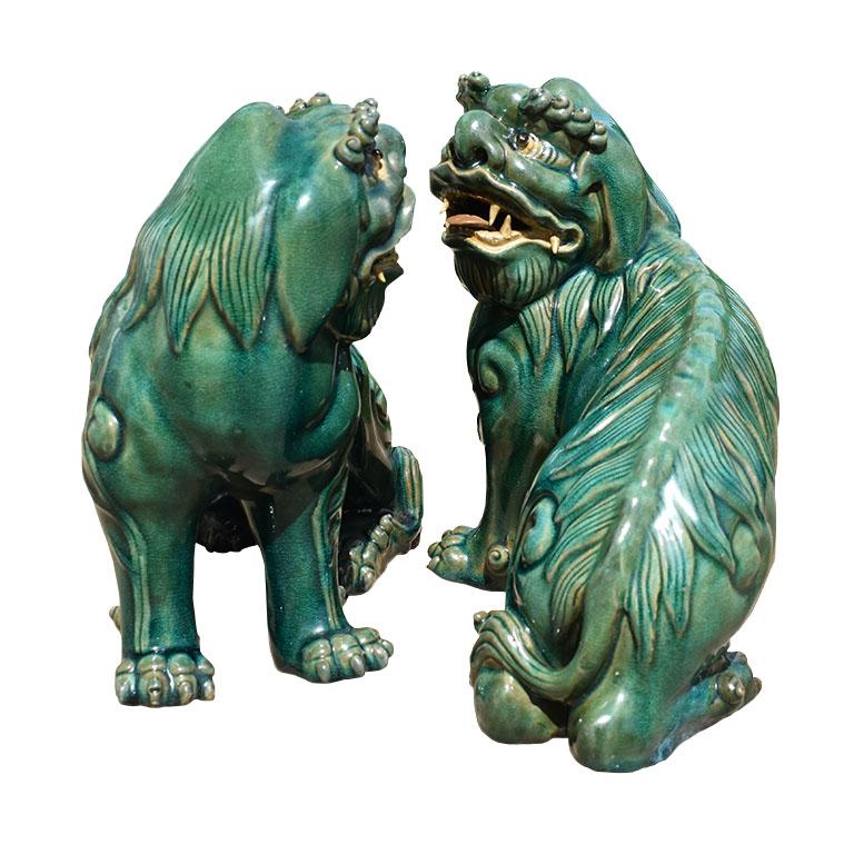 Vintage Lucky Chinoiserie Green Ceramic Foo Dogs or Lions, a Pair 3