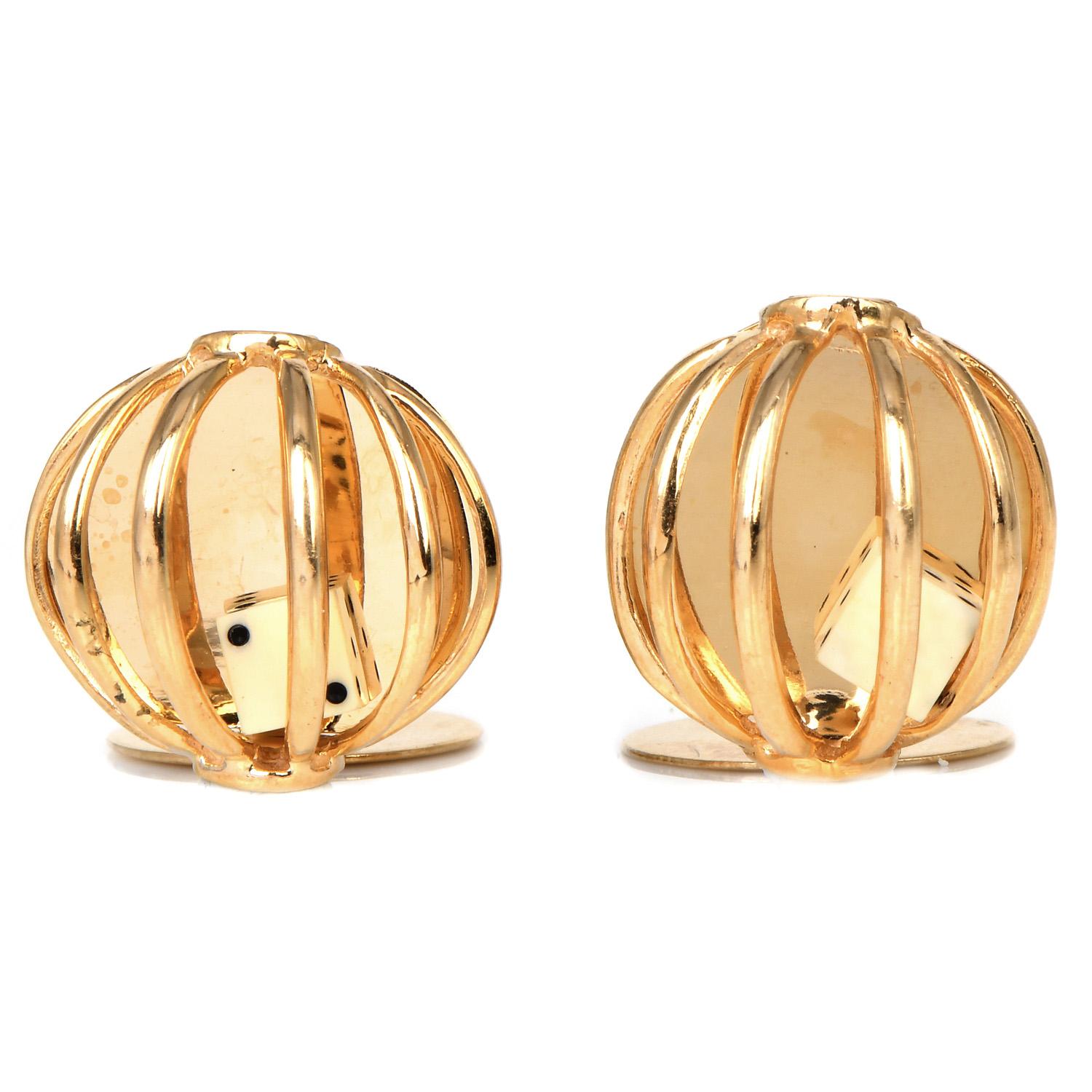 Living the Casino Royale experience with these unique cufflinks.

These Lucky cufflinks are Crafted in highly polished 14K Yellow Gold.

Features 2 center, stone-carved, and enameled Dice motif charms dangling from the inner cage-like style top