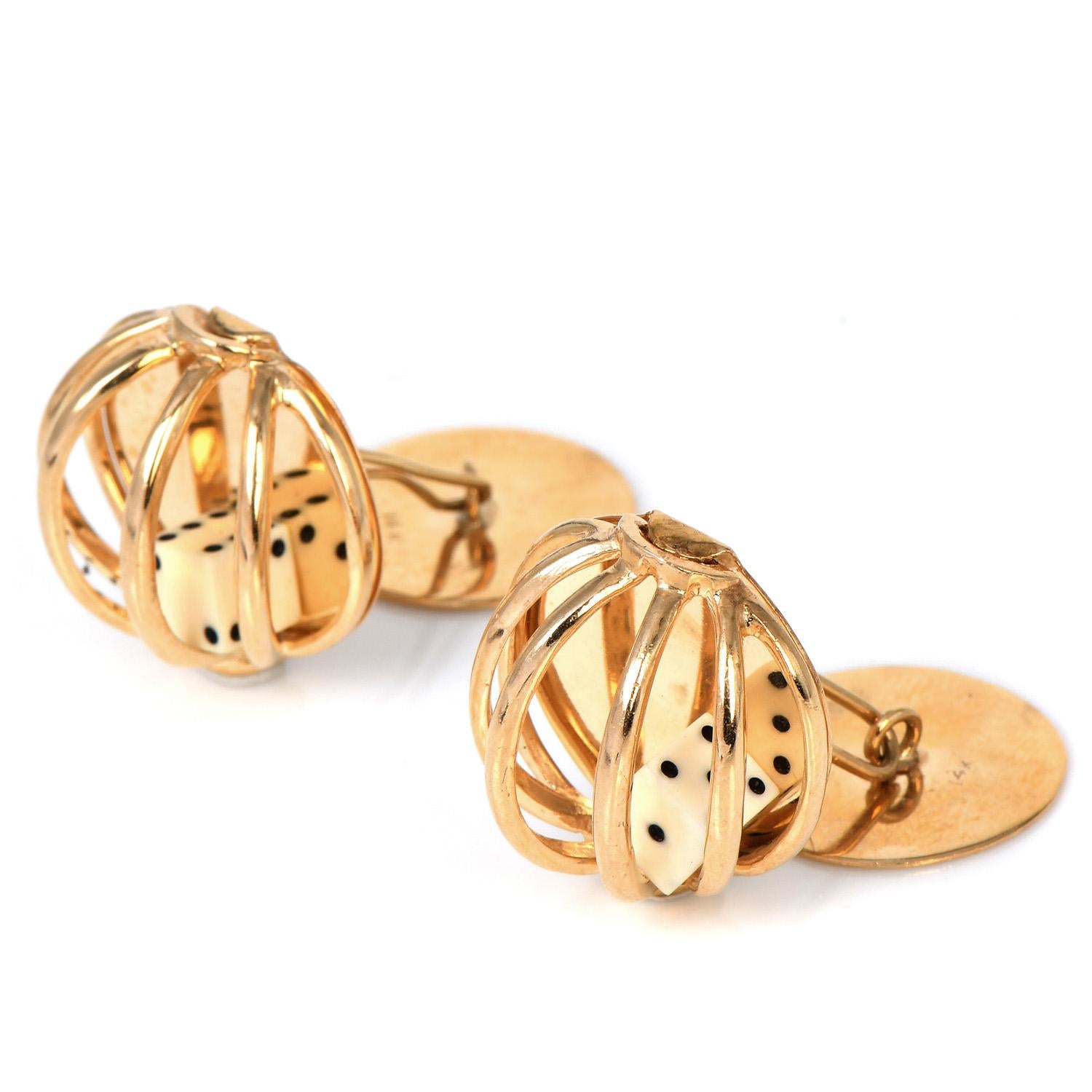 Retro Vintage Lucky Yellow Gold Cage Dice Casino Men Cufflinks For Sale