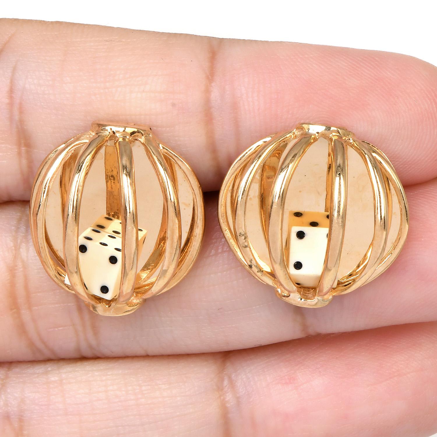 Women's or Men's Vintage Lucky Yellow Gold Cage Dice Casino Men Cufflinks For Sale
