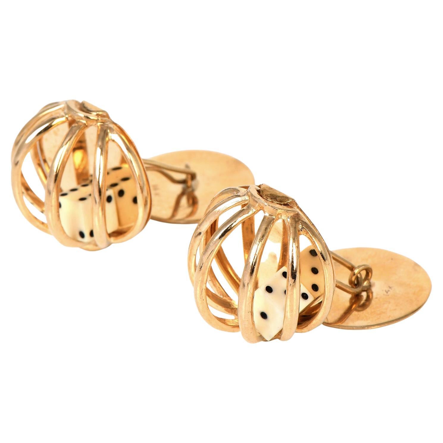 Vintage Lucky Yellow Gold Cage Dice Casino Men Cufflinks For Sale