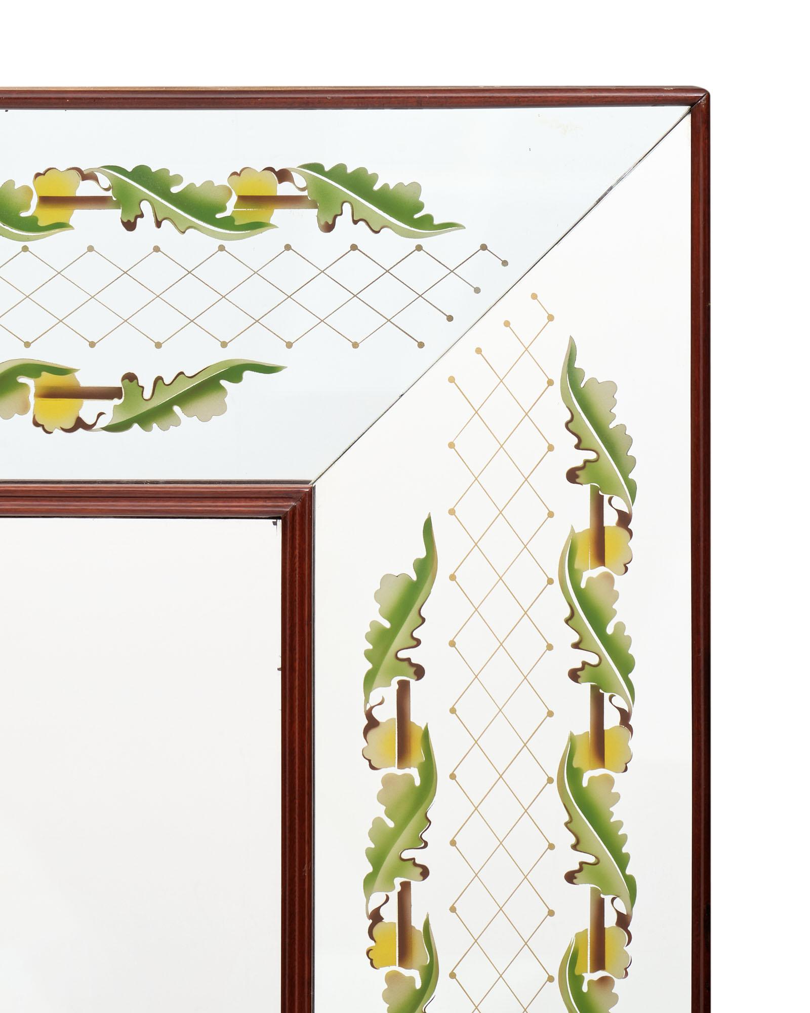 Italian eglomised mirror by Lugigi Brussotti. This mirror has freezes of stylized oak leaves. This mirror includes a lighting features which appears though the mirror near the eglomised decor.