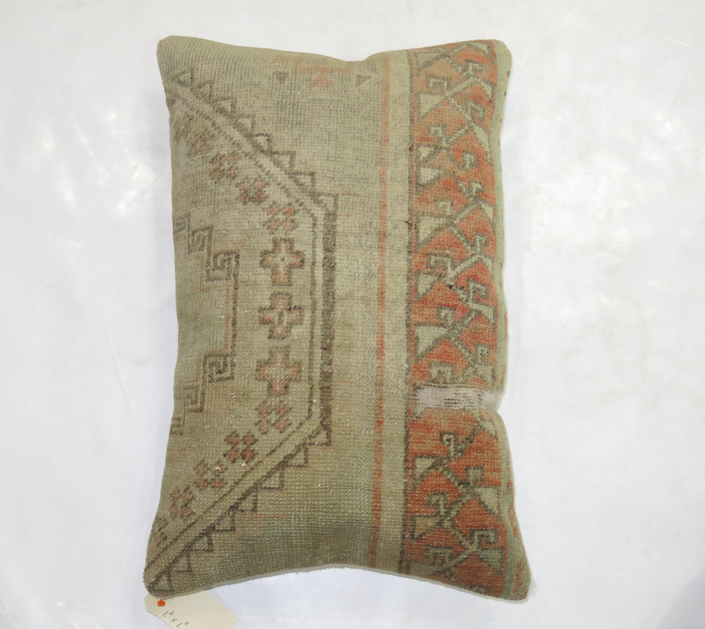 Vintage Lumbar Turkish Oushak Rug Pillow In Fair Condition In New York, NY