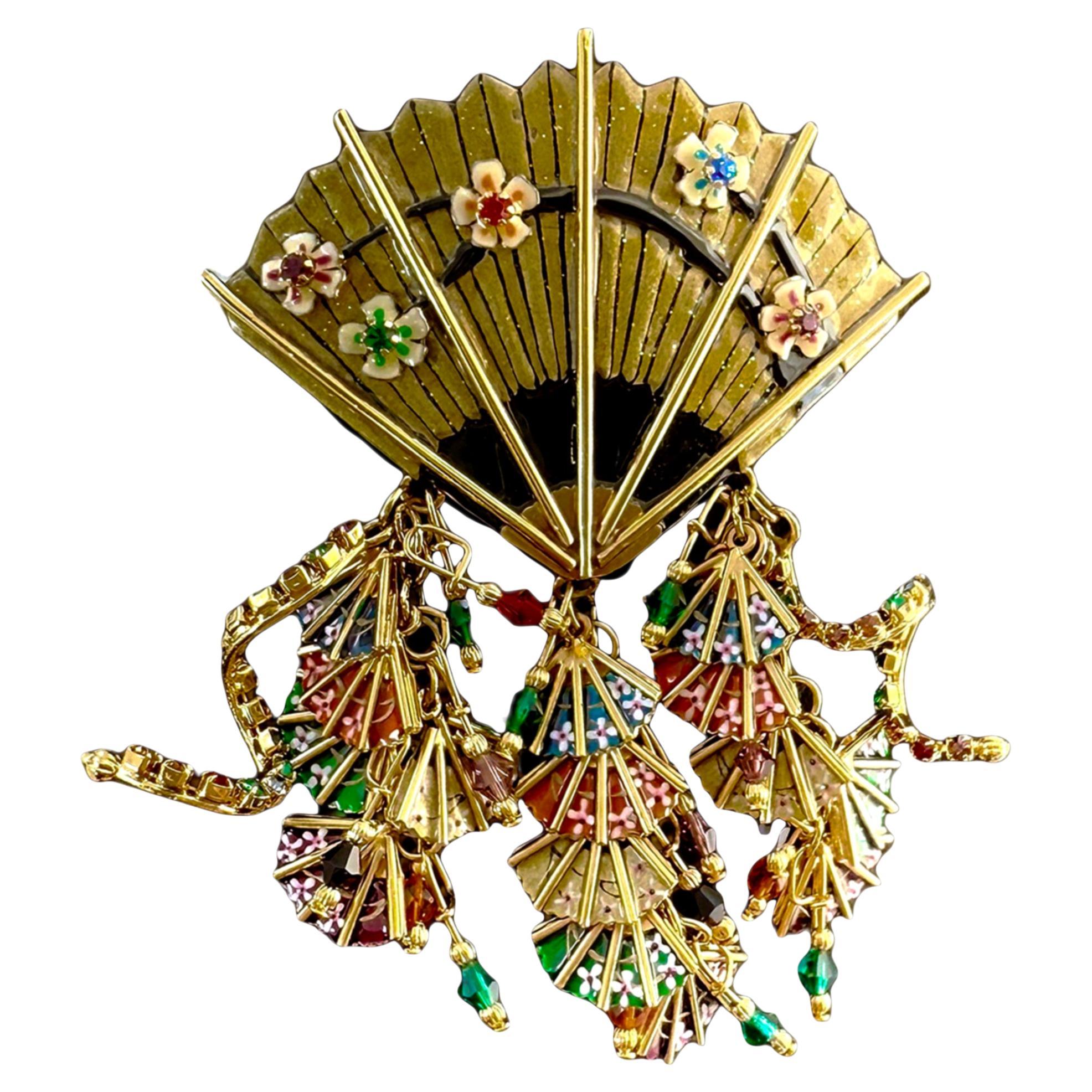 Vintage Lunch at the Ritz Asiatische Fächerbrosche baumelnder Emaille Statement-Schmuck im Angebot