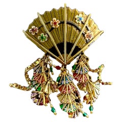 Vintage Lunch at the Ritz Asiatische Fächerbrosche baumelnder Emaille Statement-Schmuck